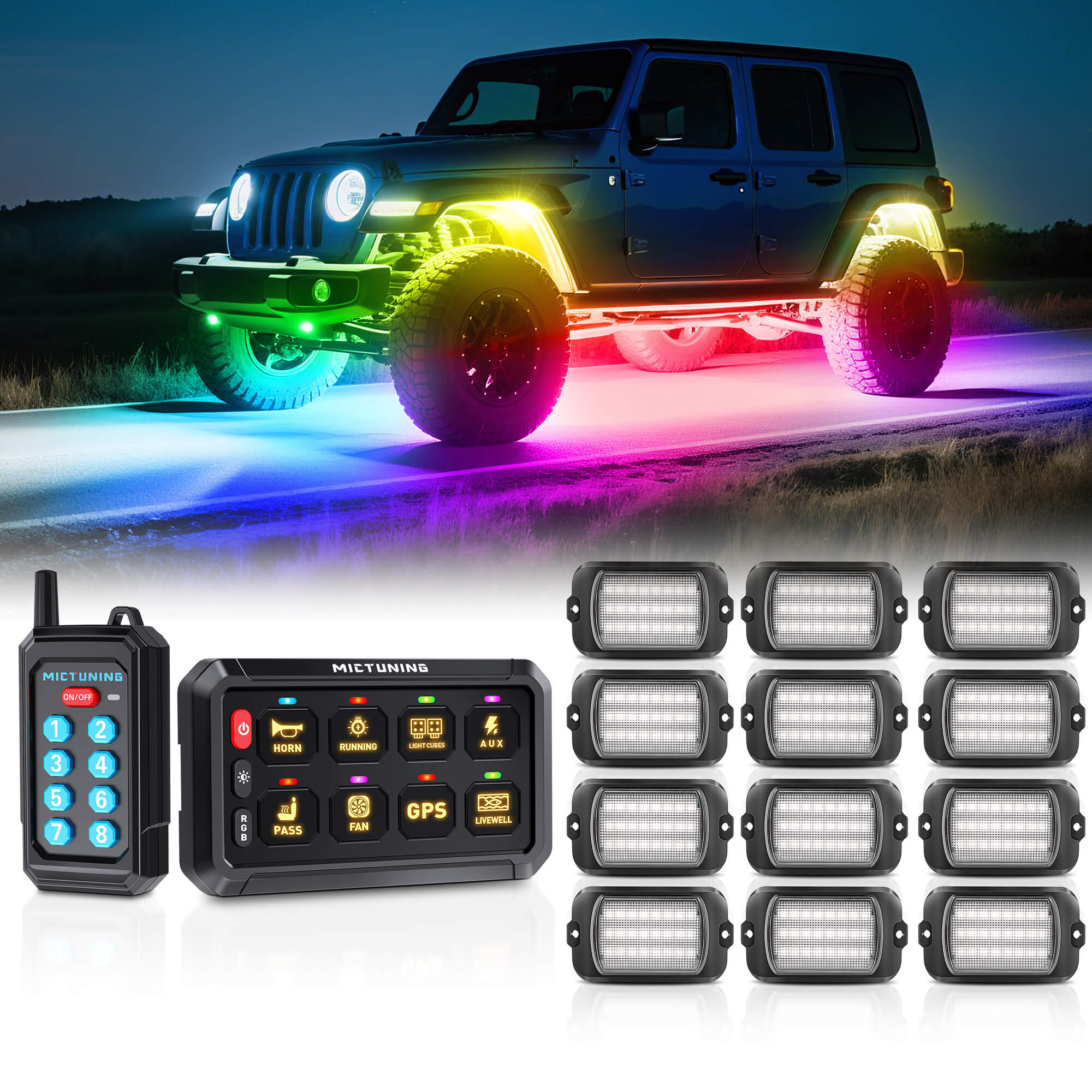 P1s Switch Panel with Wireless Remote Control Bundle with Q1 Max RGB+IC Rock Lights Kit 24LEDs/Pod Super Bright, 8-24 Pods