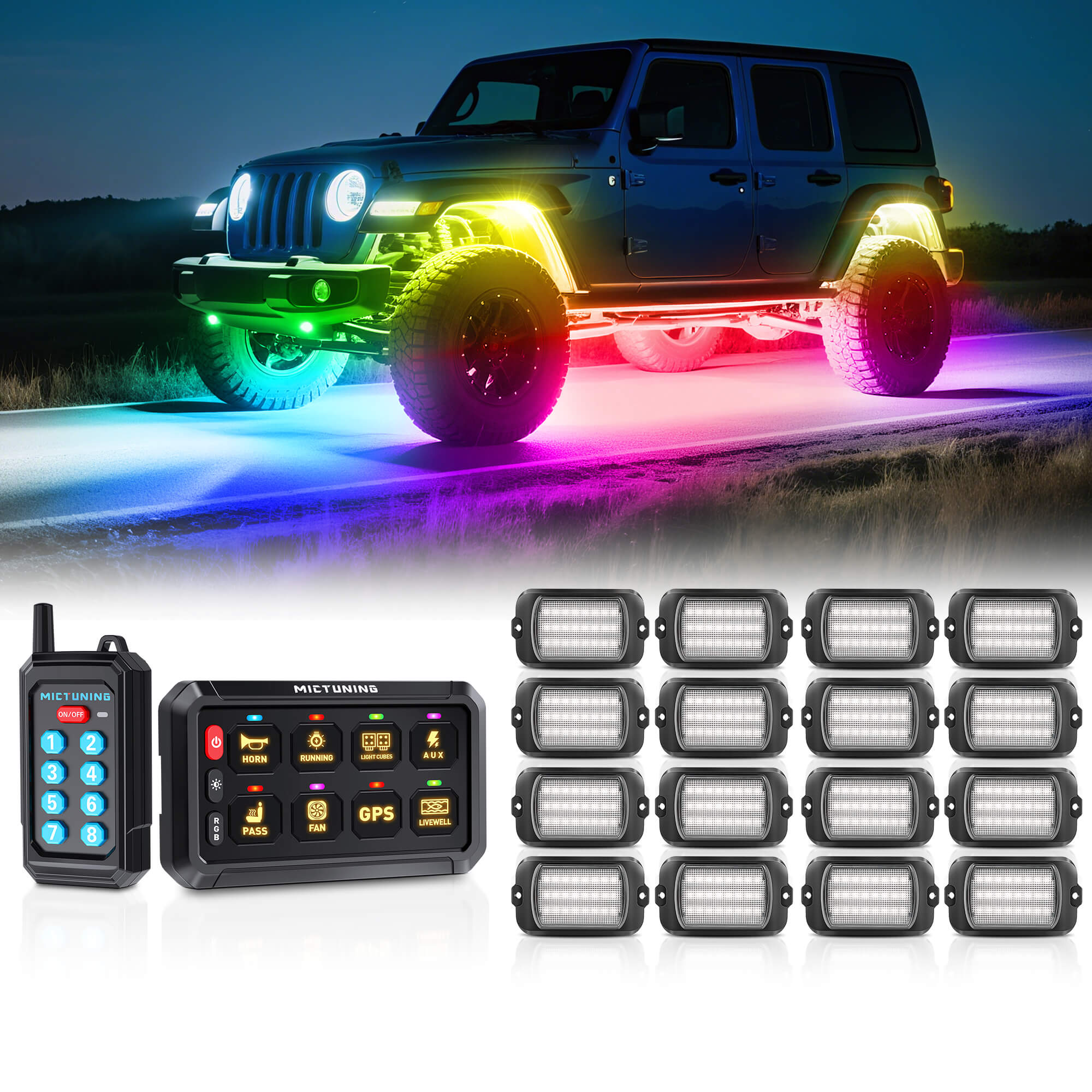 P1s Switch Panel with Wireless Remote Control Bundle with Q1 Max RGB+IC Rock Lights Kit 24LEDs/Pod Super Bright, 8-24 Pods