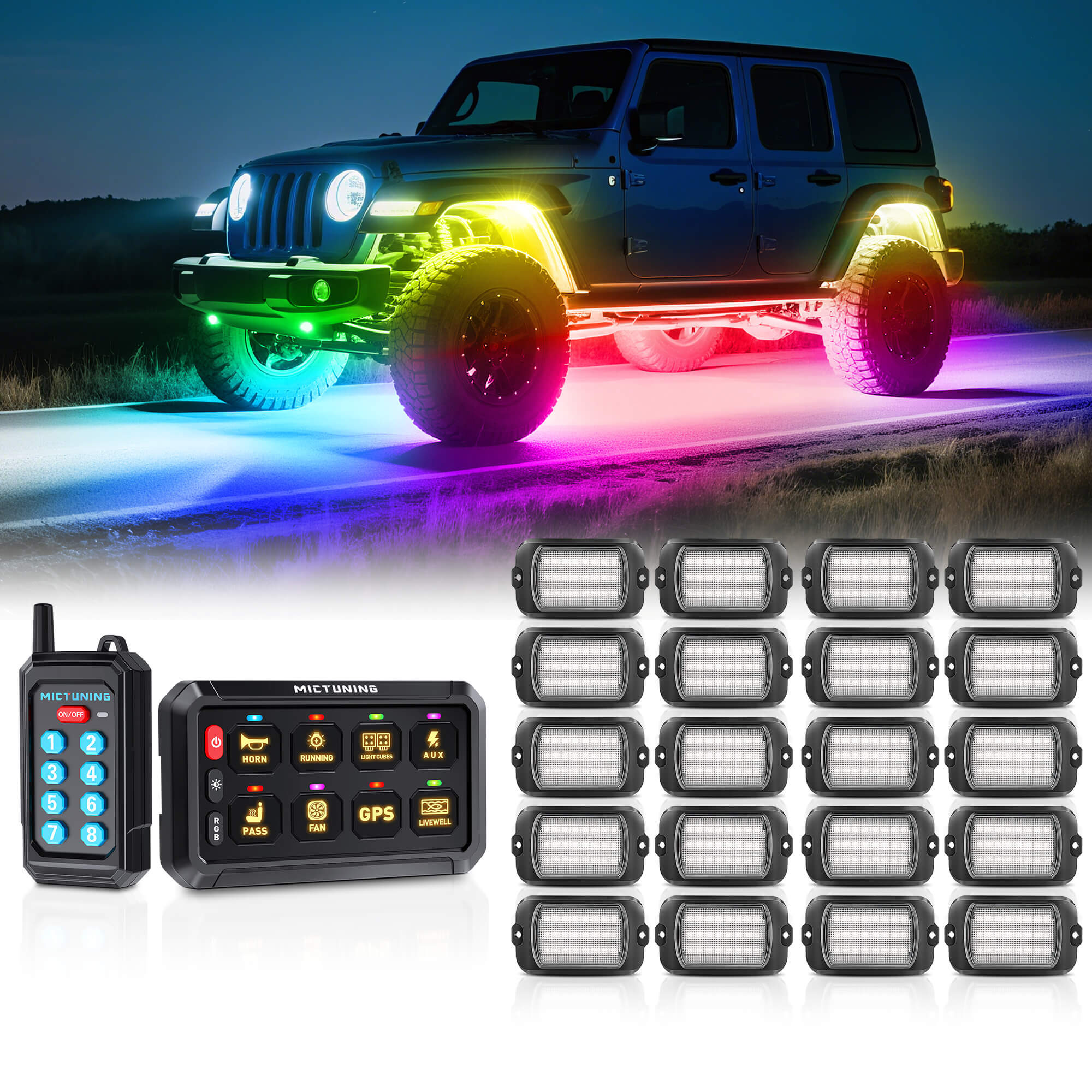 P1s Switch Panel with Wireless Remote Control Bundle with Q1 Max RGB+IC Rock Lights Kit 24LEDs/Pod Super Bright, 8-24 Pods