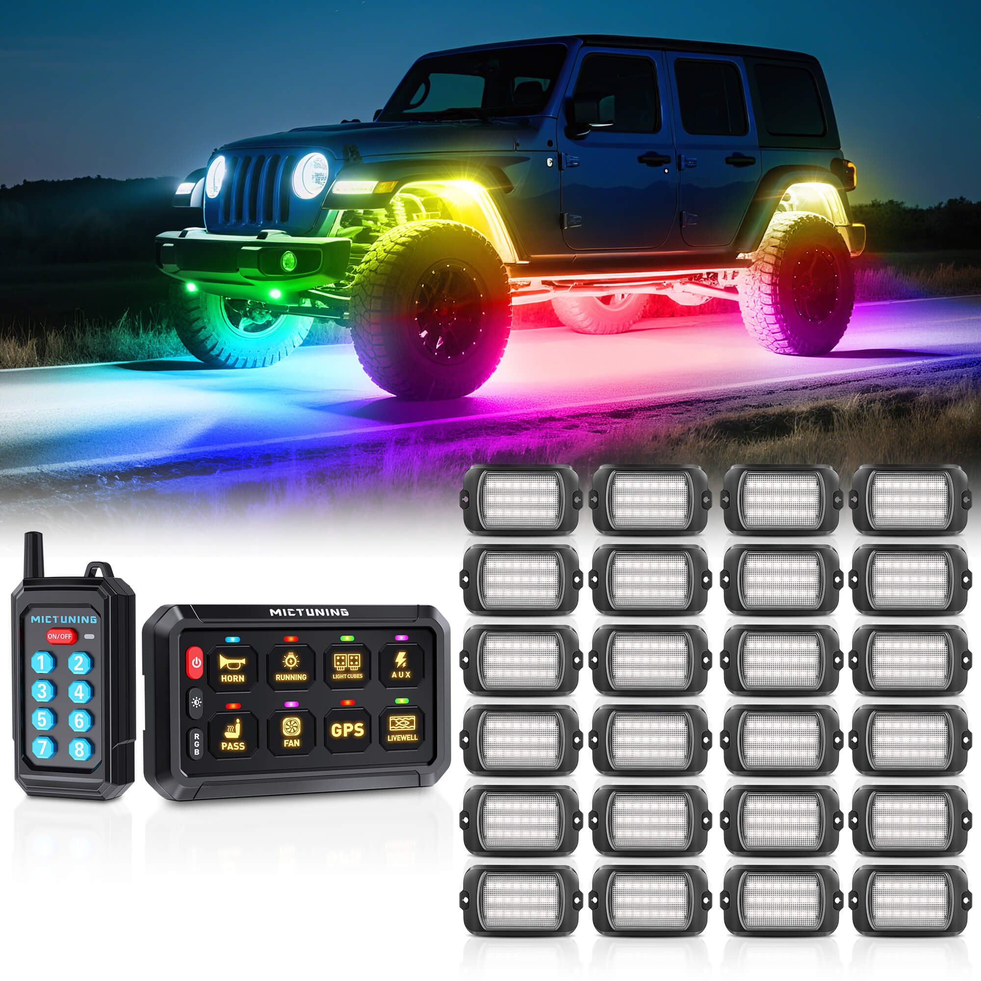 P1s Switch Panel with Wireless Remote Control Bundle with Q1 Max RGB+IC Rock Lights Kit 24LEDs/Pod Super Bright, 8-24 Pods