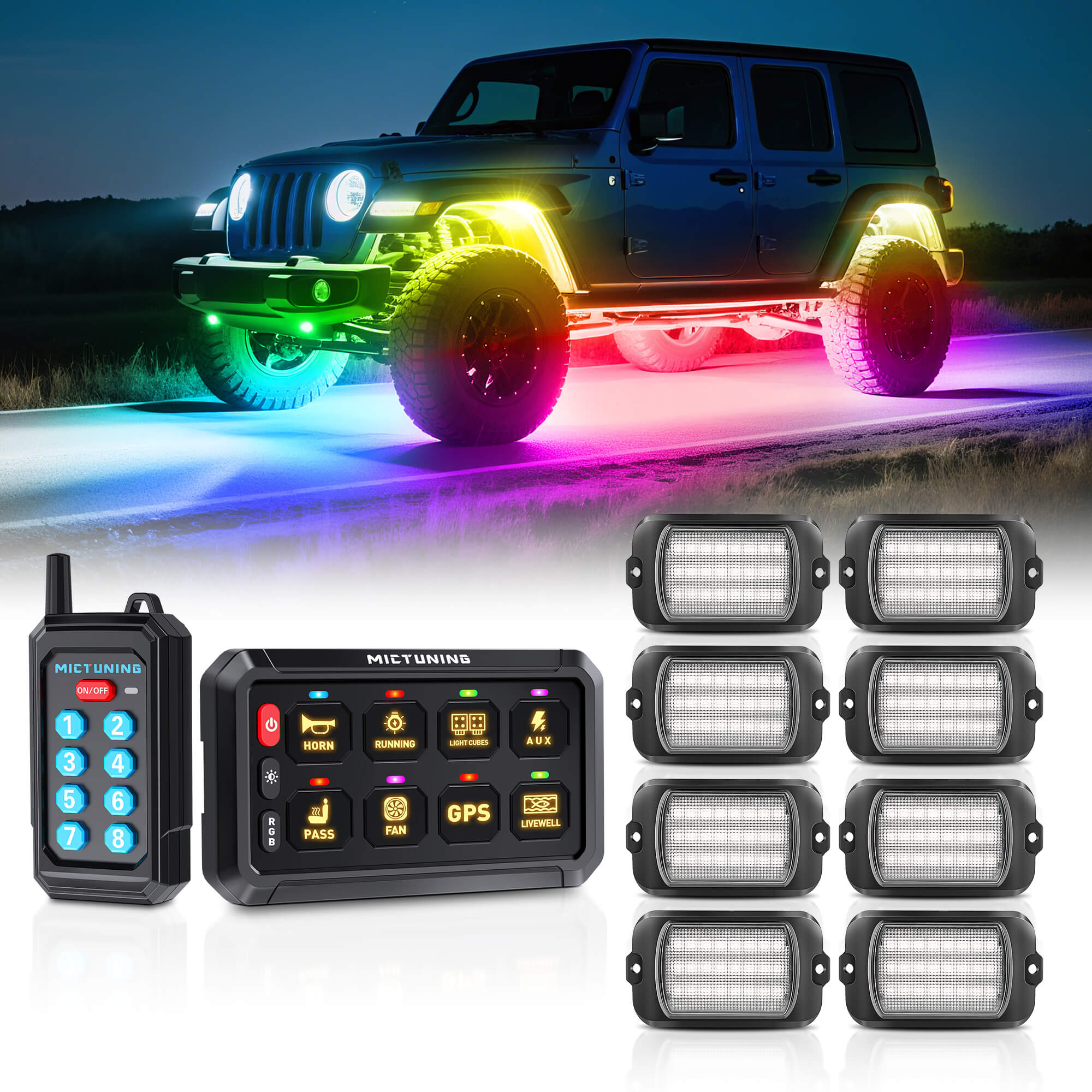 P1s Switch Panel with Wireless Remote Control Bundle with Q1 Max RGB+IC Rock Lights Kit 24LEDs/Pod Super Bright, 8-24 Pods
