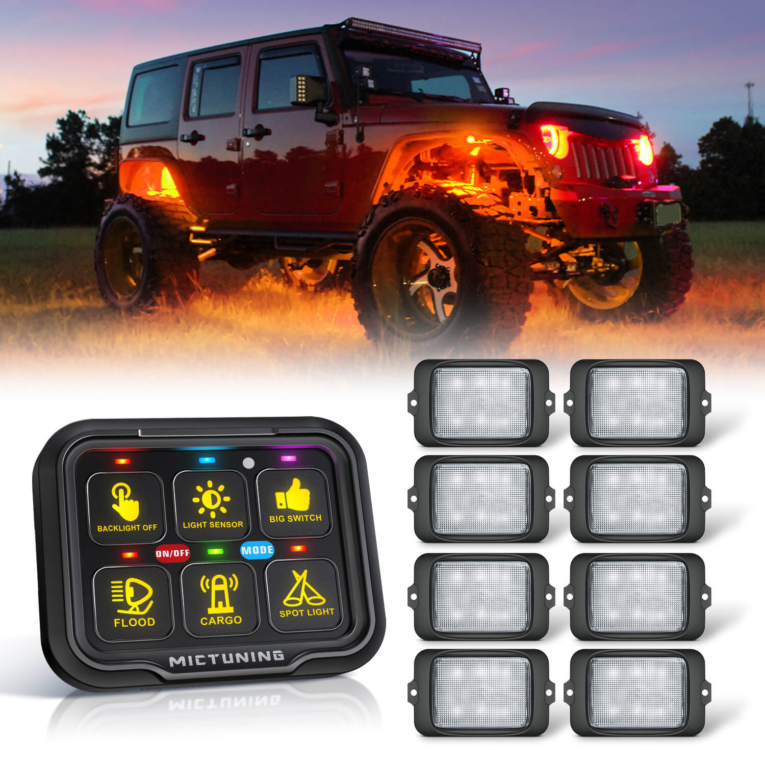 C3 Extensible RGBW LED Rock Lights 8-16 Pods Bundle with P8-Ultra 6/8 Gang Switch Panel, Larger & Tactile Switches