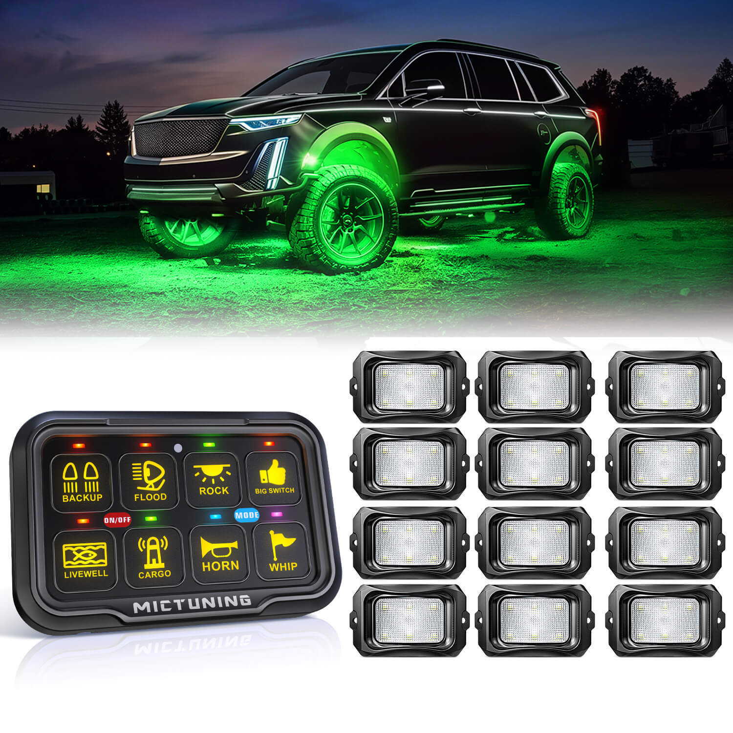 C2 RGBW LED Rock Lights Kit 8-16 Pods Bundle with P8-Ultra 6/8 Gang Switch Panel, Larger & Tactile Switches