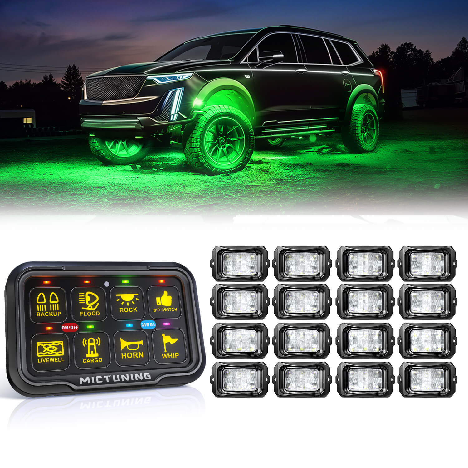 C2 RGBW LED Rock Lights Kit 8-16 Pods Bundle with P8-Ultra 6/8 Gang Switch Panel, Larger & Tactile Switches