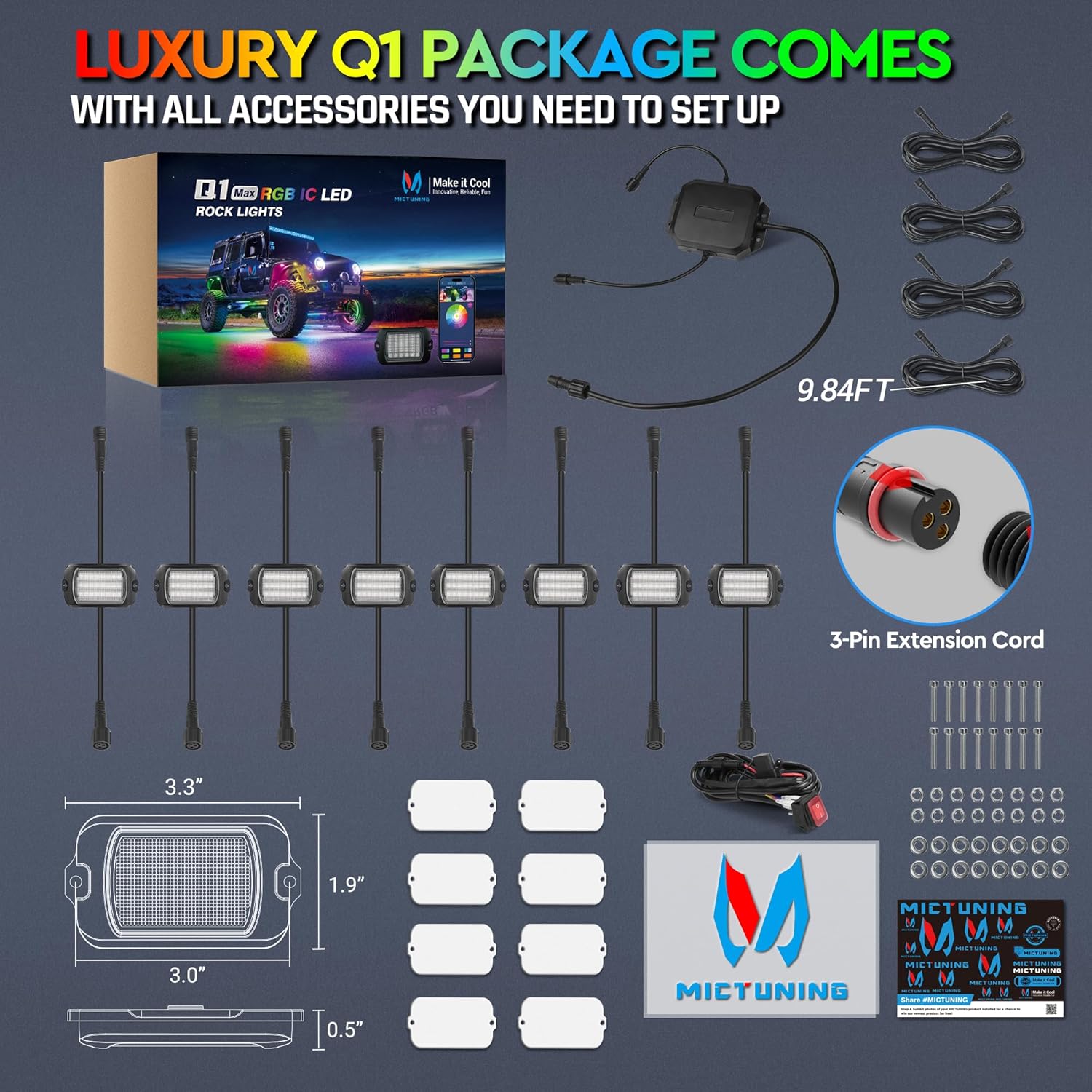 Q1 Max RGB+IC Rock Lights 8-24 Pods Bundle with P8-Ultra 6/8 Gang Switch Panel, Larger & Tactile Switches