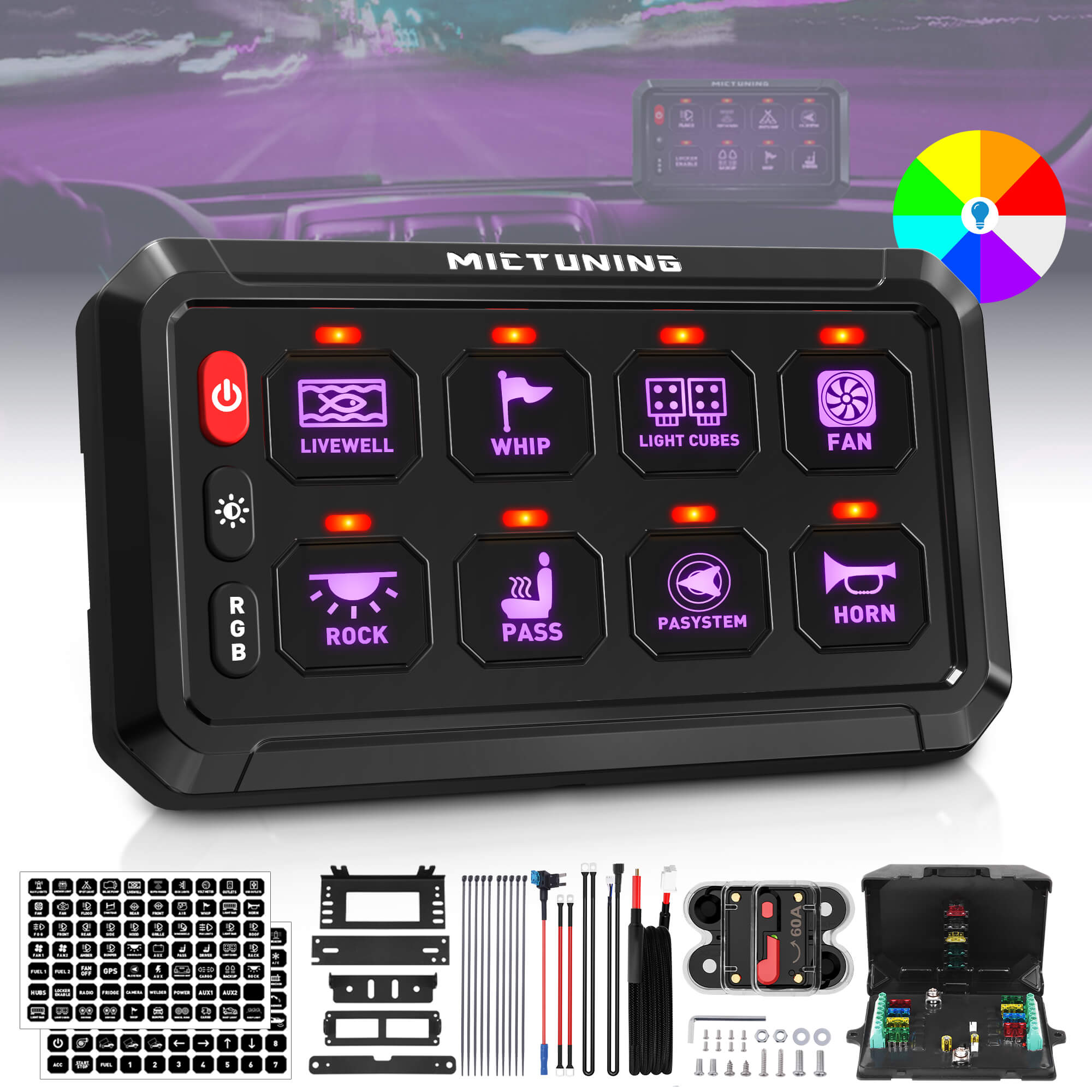 P1s RGB 6/8/12 Gang 5" Switch Panel, High Power 5-Level Brightness, Multifunction Touch Toggle Switch
