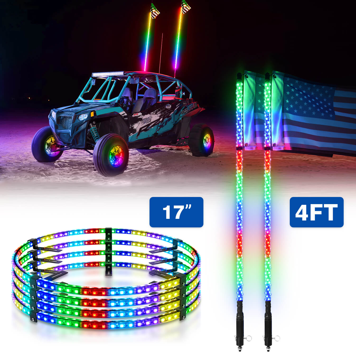 V1 RGB+IC Chasing Color Wheel Ring Lights Kit Bundle with W1 3FT/4FT Whip Lights with Flag 10pcs