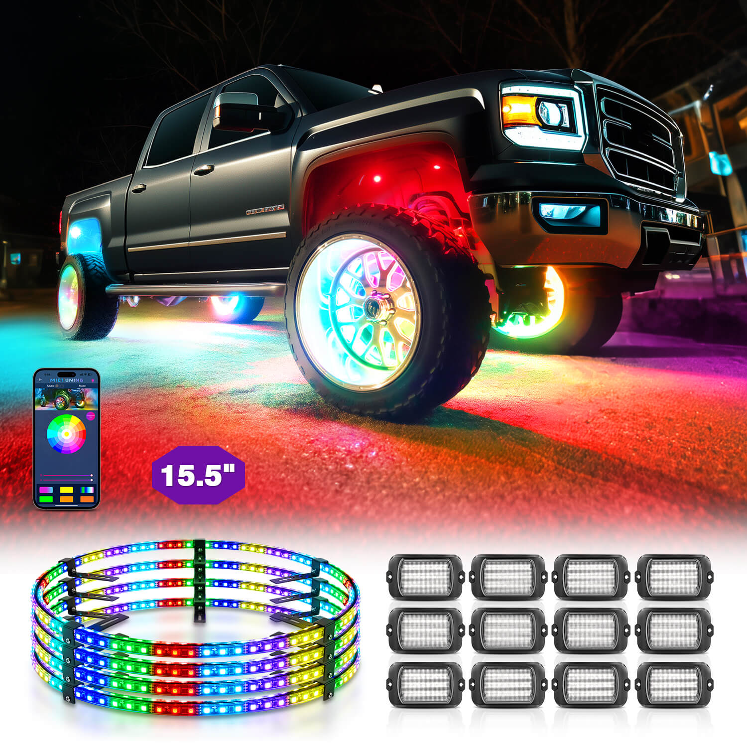 Q1 Max RGB+IC Rock Lights 8-24 Pods Bundle with 15.5″/17″ V1 RGB+IC Chasing Color Wheel Ring Lights Kit with APP Control