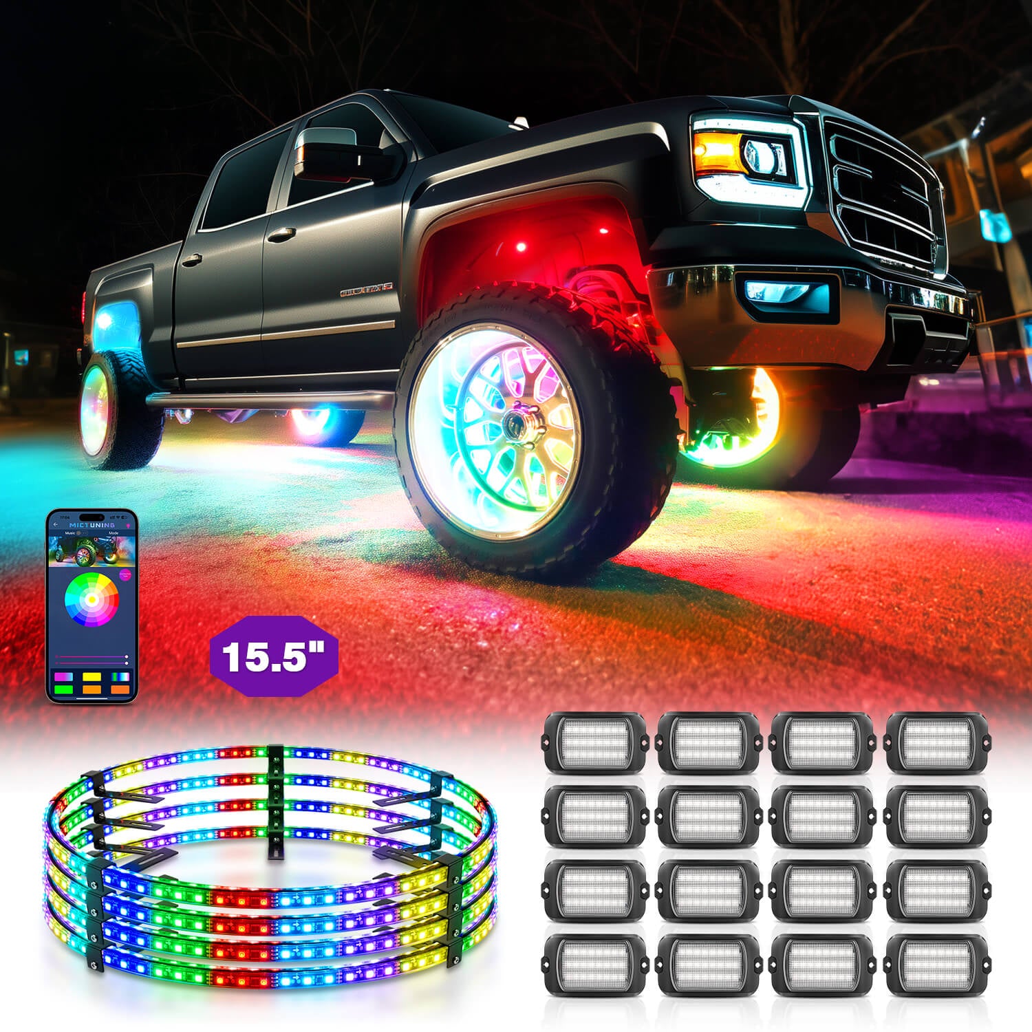 Q1 Max RGB+IC Rock Lights 8-24 Pods Bundle with 15.5″/17″ V1 RGB+IC Chasing Color Wheel Ring Lights Kit with APP Control