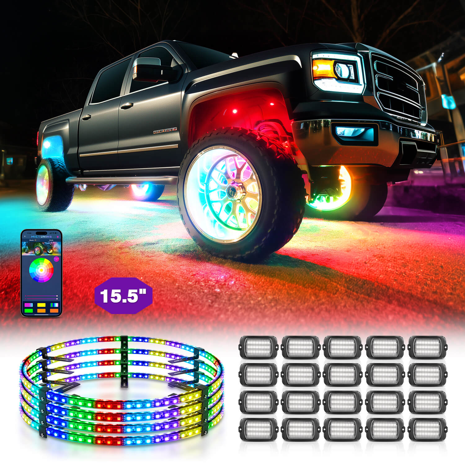 Q1 Max RGB+IC Rock Lights 8-24 Pods Bundle with 15.5″/17″ V1 RGB+IC Chasing Color Wheel Ring Lights Kit with APP Control