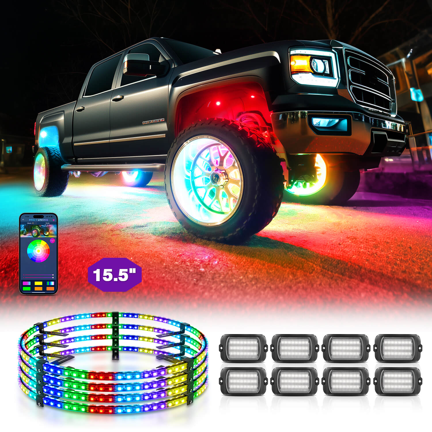 Q1 Max RGB+IC Rock Lights 8-24 Pods Bundle with 15.5″/17″ V1 RGB+IC Chasing Color Wheel Ring Lights Kit with APP Control