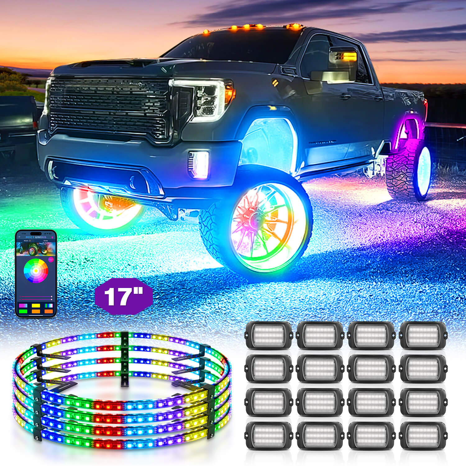 Q1 Max RGB+IC Rock Lights 8-24 Pods Bundle with 15.5″/17″ V1 RGB+IC Chasing Color Wheel Ring Lights Kit with APP Control