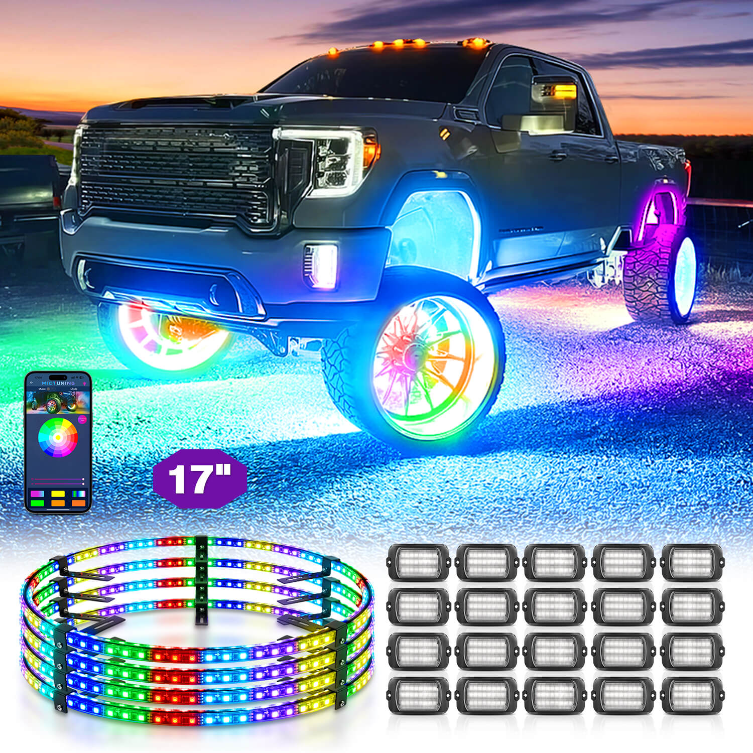 Q1 Max RGB+IC Rock Lights 8-24 Pods Bundle with 15.5″/17″ V1 RGB+IC Chasing Color Wheel Ring Lights Kit with APP Control