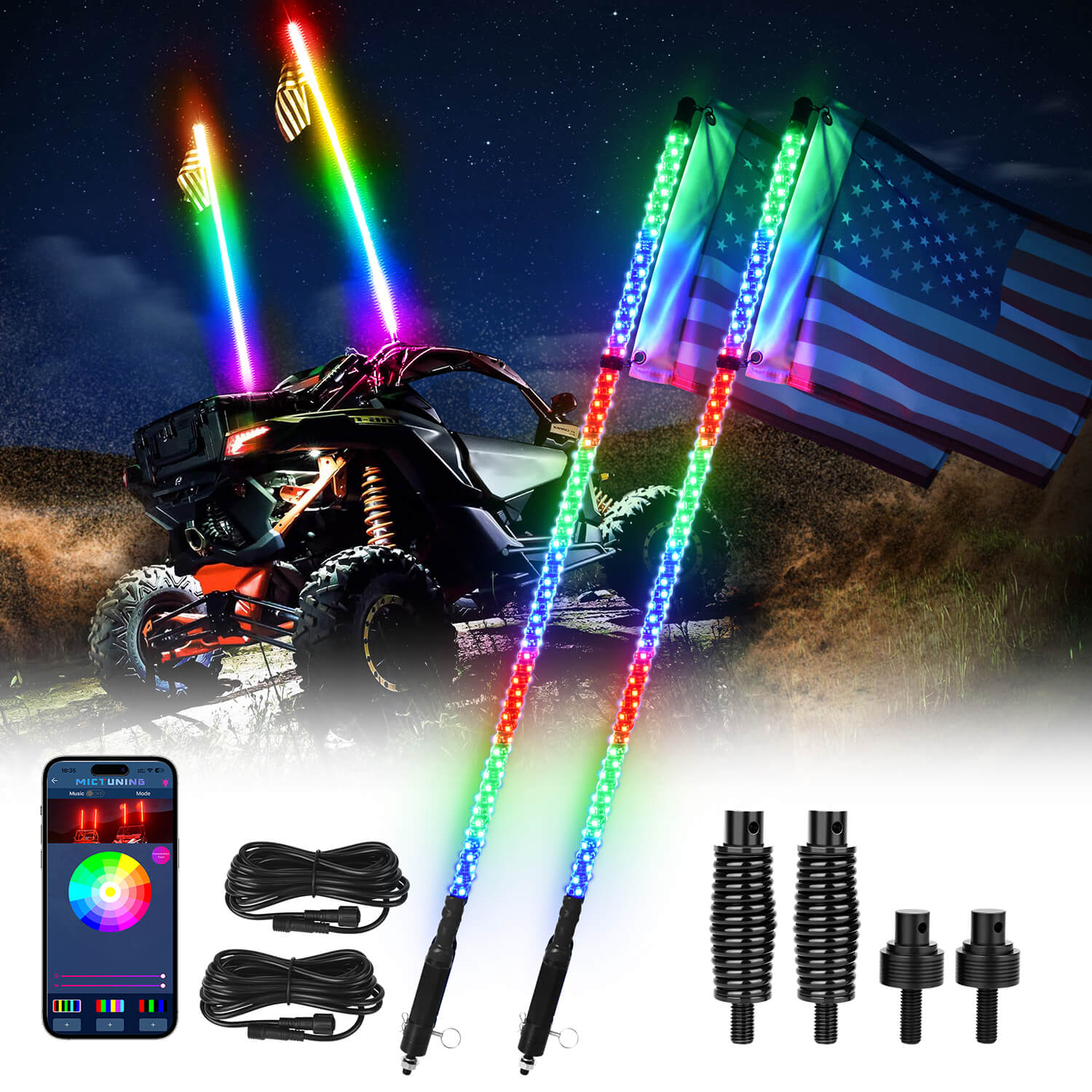 3FT/4FT W1 LED Whip Lights with Flag 2pcs/10pcs - Spiral Bendable RGB Chasing Color Antenna Whips - Bluetooth App Control