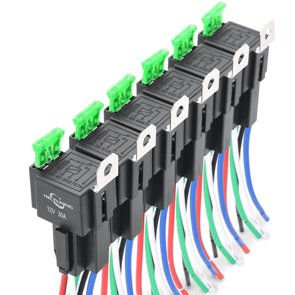 12V Fuse Relay Switch Harness Set - 30A ATO/ATC Blade Fuse, 5-Pin SPST Automotive Electrical Relays with Heavy Duty 14 AWG Wires - 6 Pack
