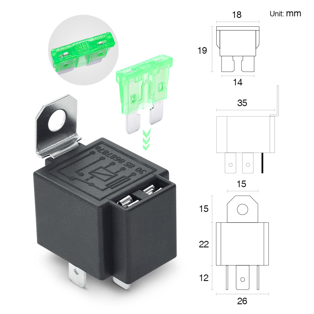 12V Fuse Relay Switch Harness Set - 30A ATO/ATC Blade Fuse, 5-Pin SPST Automotive Electrical Relays with Heavy Duty 14 AWG Wires - 6 Pack