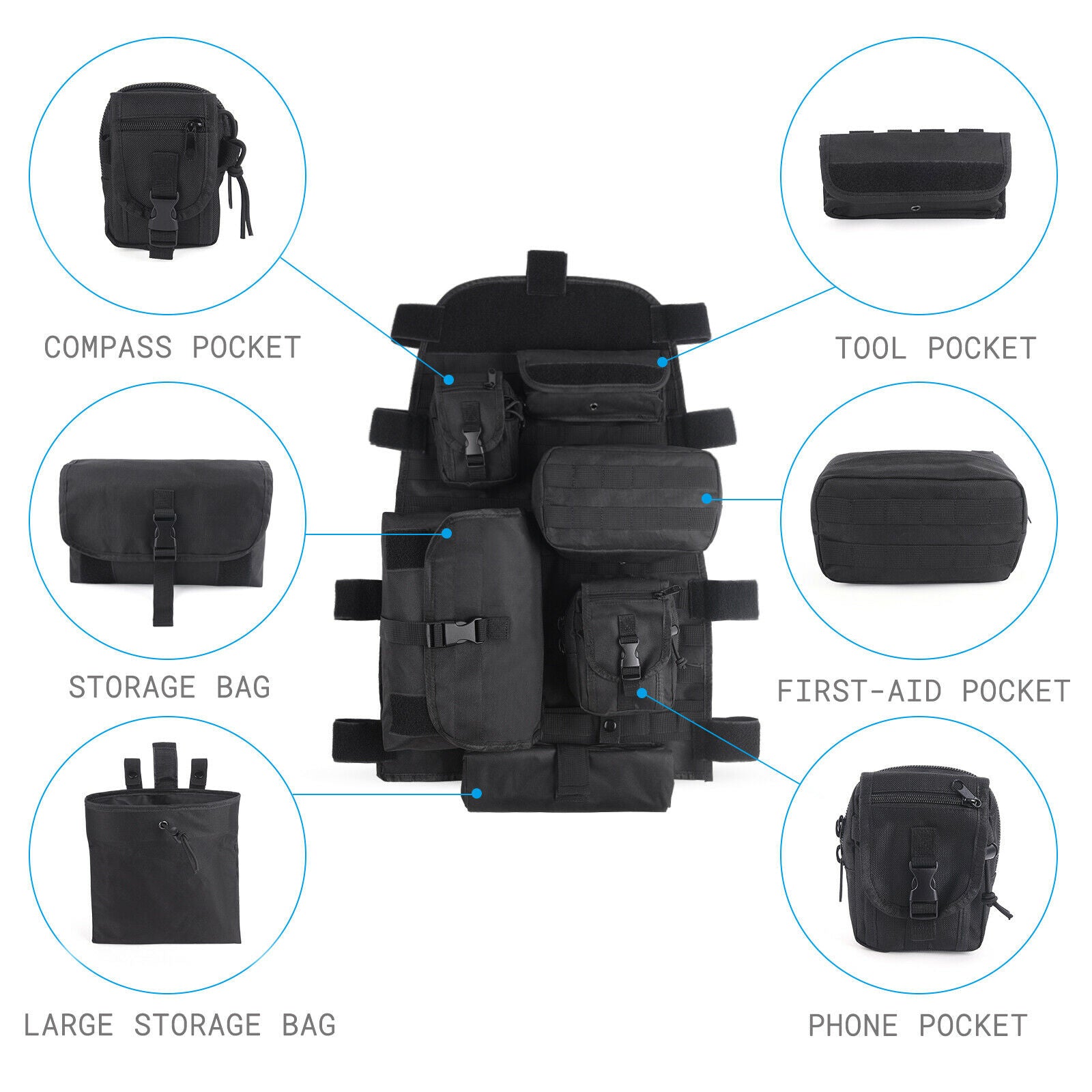 Universal Front Seat Cover Storage Bags - Muti-Compartments Holder Pockets Molle Pouches Stuff Organizer Compatible for Jep Wrangler JK JL