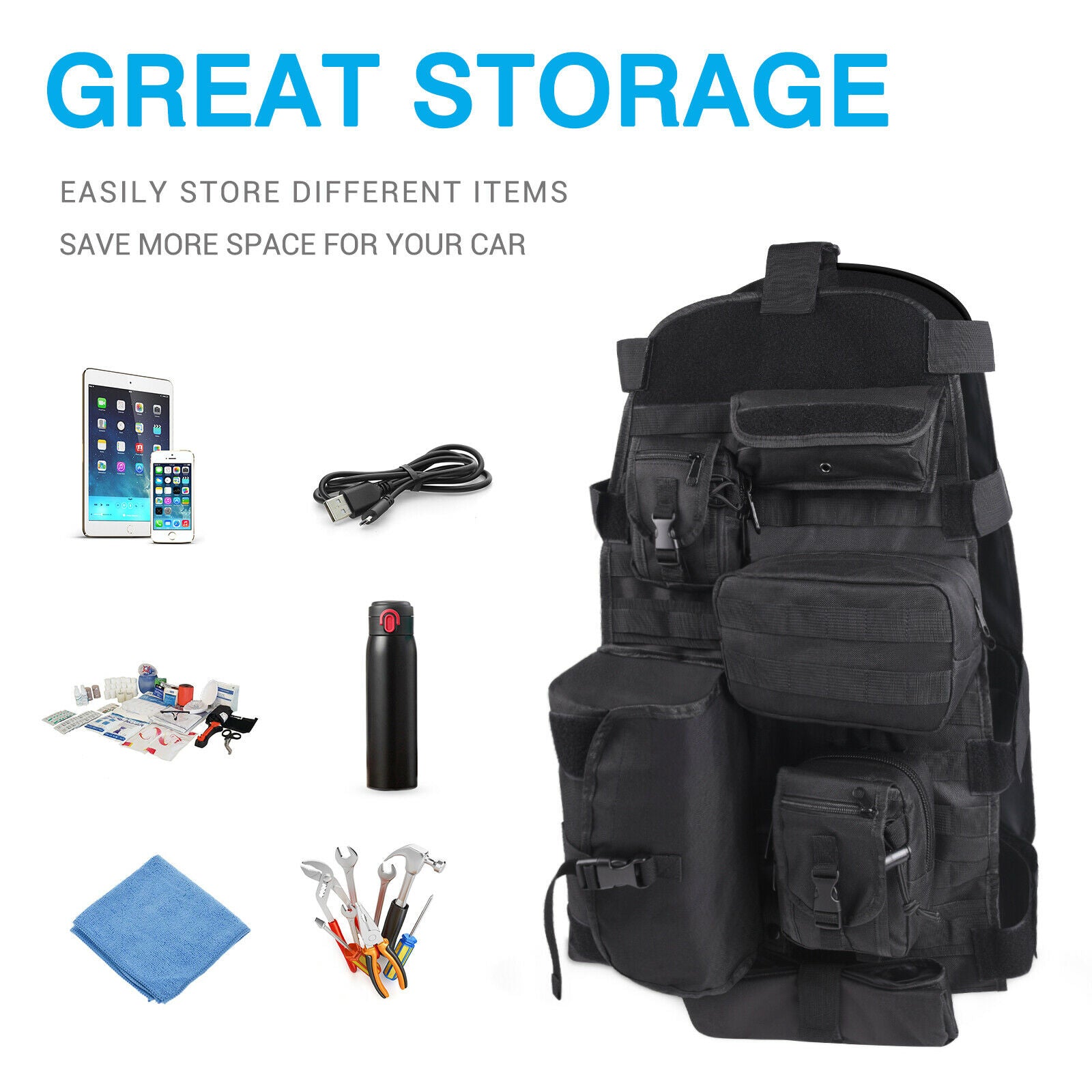 Universal Front Seat Cover Storage Bags - Muti-Compartments Holder Pockets Molle Pouches Stuff Organizer Compatible for Jep Wrangler JK JL
