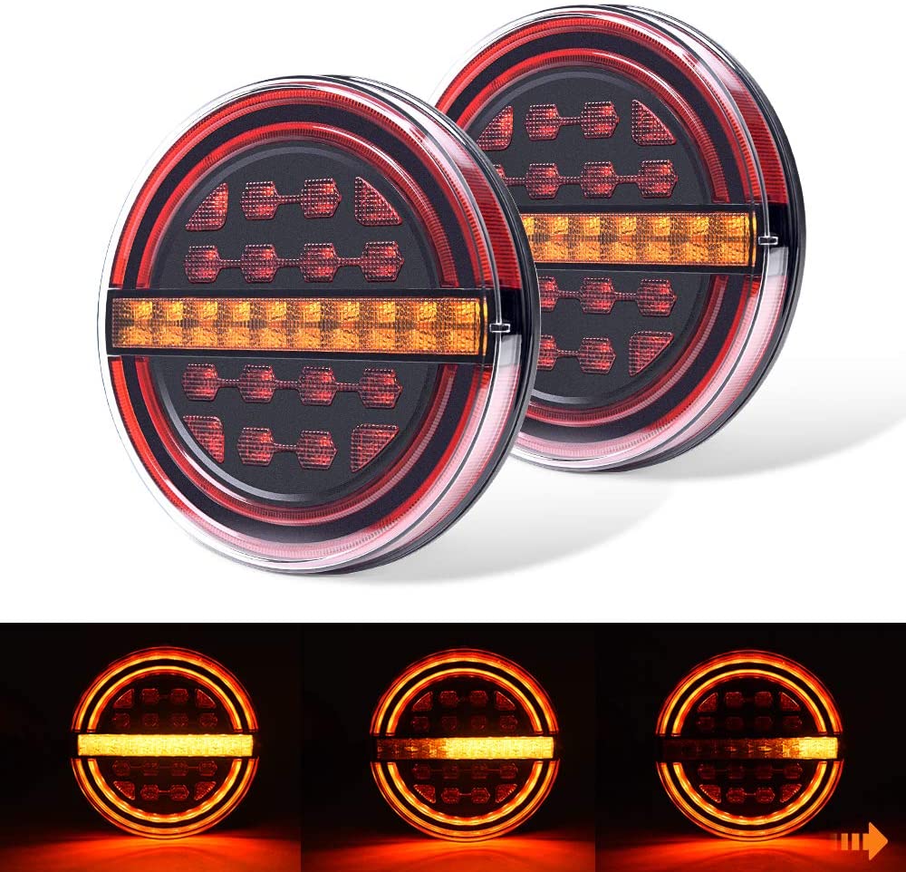 2Pcs Round Red/Amber Submersible LED Trailer Tail Lights Kit, Brake Light/DRL/Flow Turn Signal Lamp for Under 80''