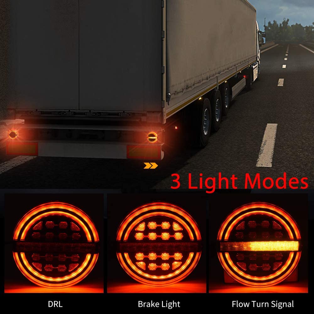 2Pcs Round Red/Amber Submersible LED Trailer Tail Lights Kit, Brake Light/DRL/Flow Turn Signal Lamp for Under 80''