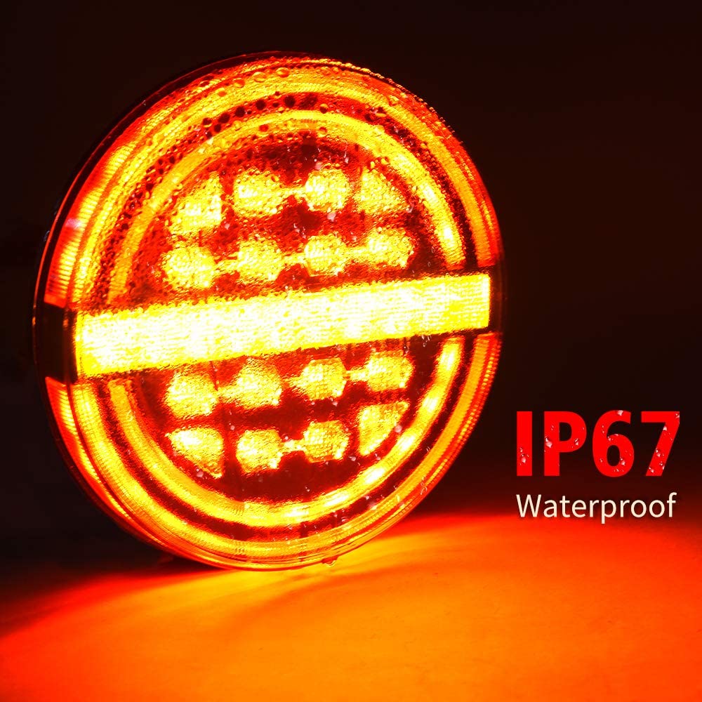 2Pcs Round Red/Amber Submersible LED Trailer Tail Lights Kit, Brake Light/DRL/Flow Turn Signal Lamp for Under 80''