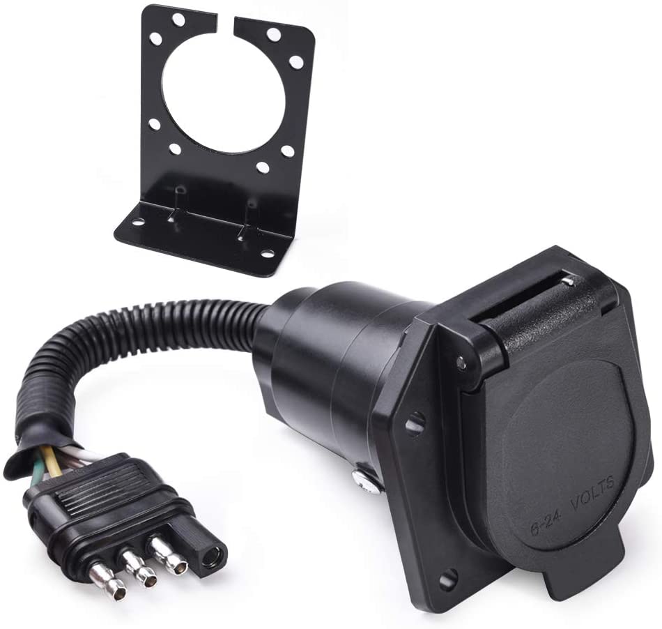 4-Way Flat to 7-Way Round Blade Trailer Adapter Wiring Plug Connector with Mounting Bracket