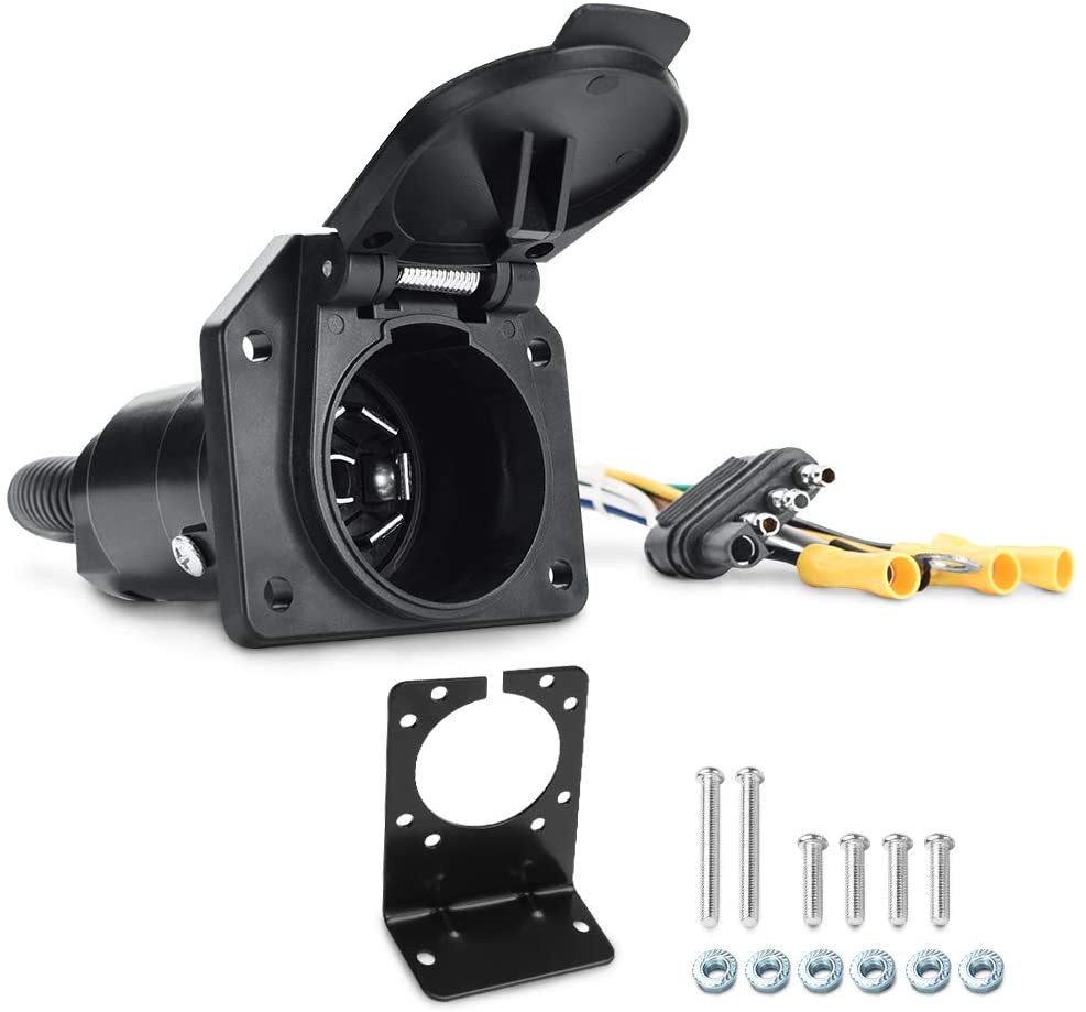 4-Way Flat to 7-Way Round RV Blade Trailer Adapter Plug with Mounting Bracket