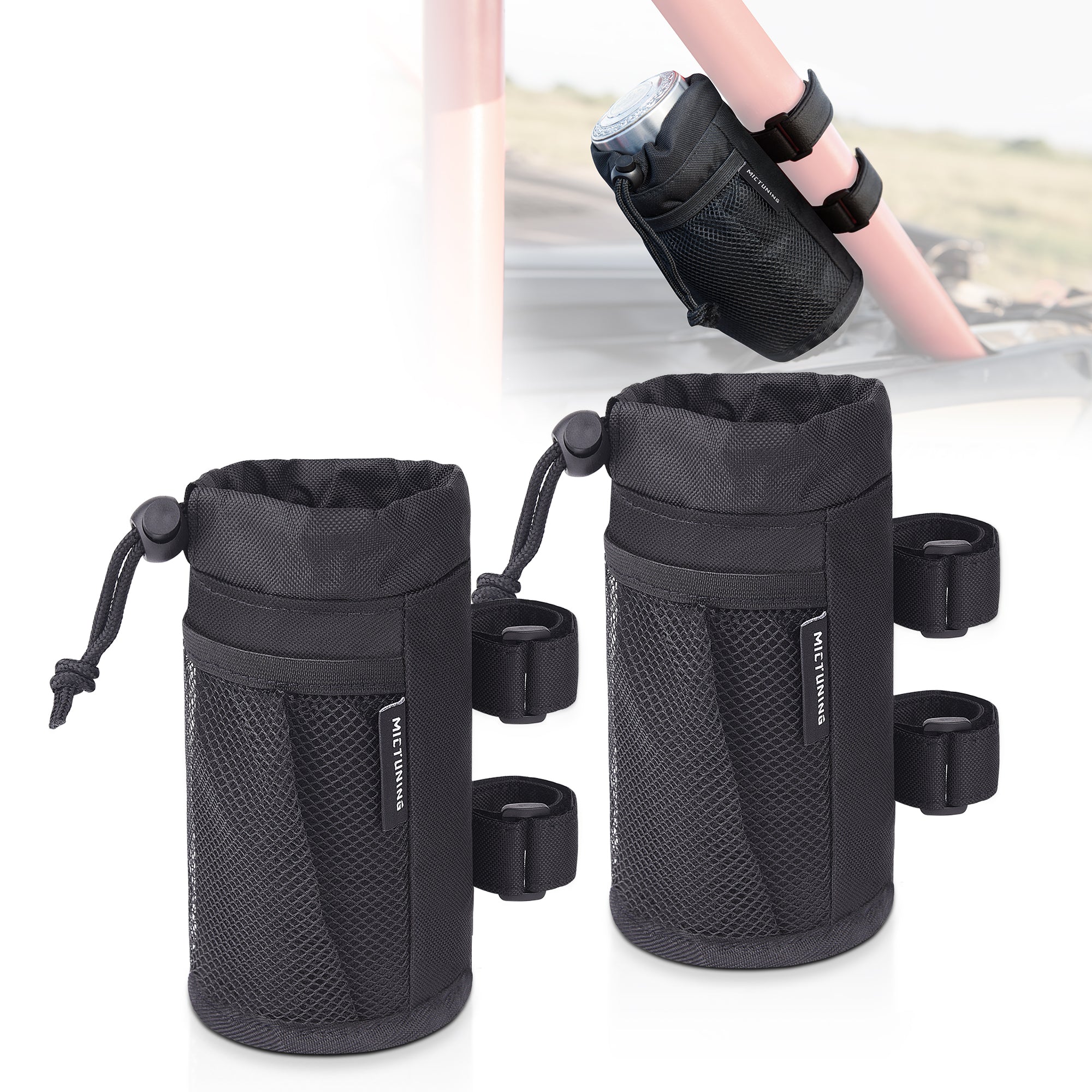 UTV Roll Bar Cup Holder, Bottle Holder with Thermal Insulation Layer, Mesh Pocket and Adjustable Straps