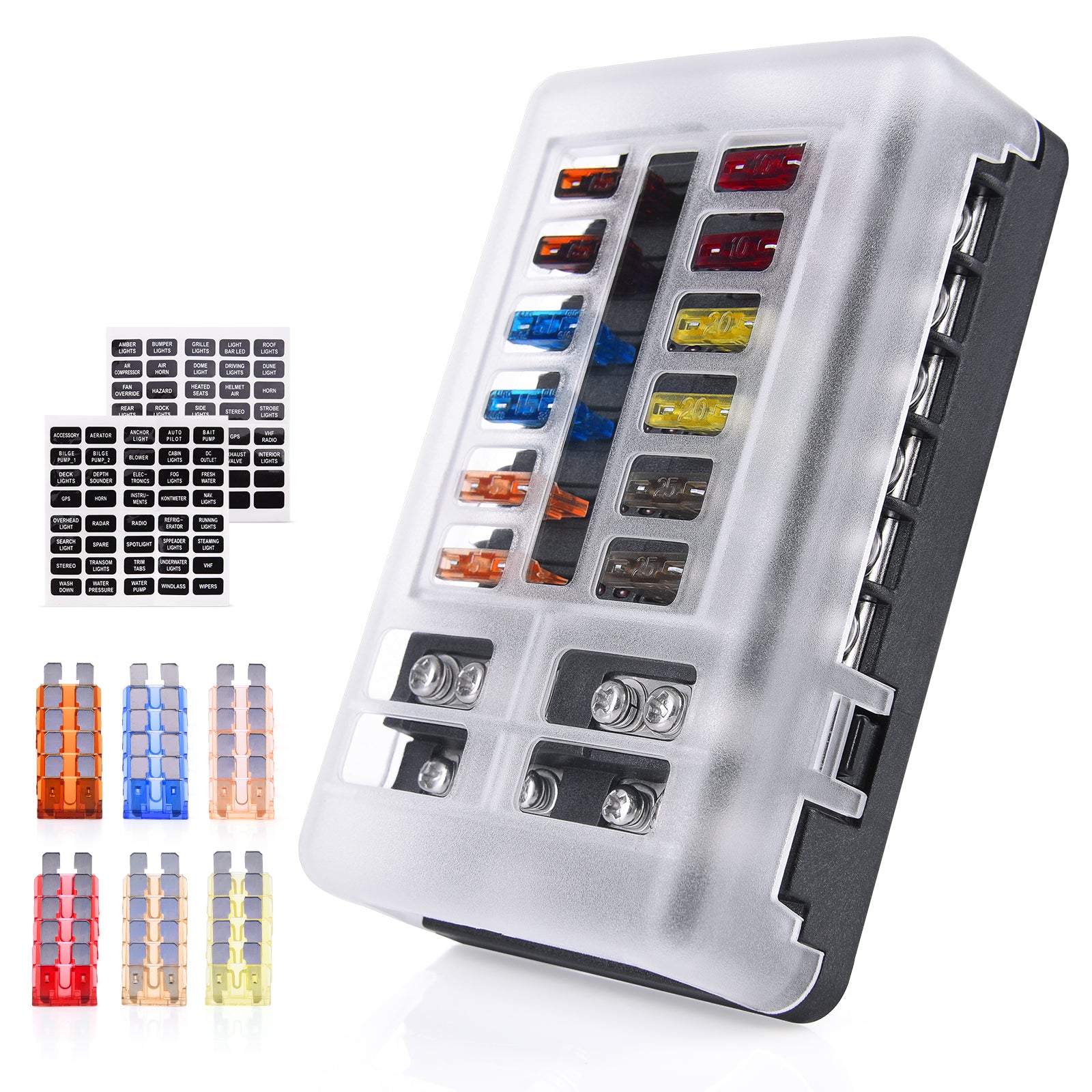 12-Way Fuse Block Holder - Blade Fuse Box Screw Nut Terminal LED Indicator, Sticker Labels