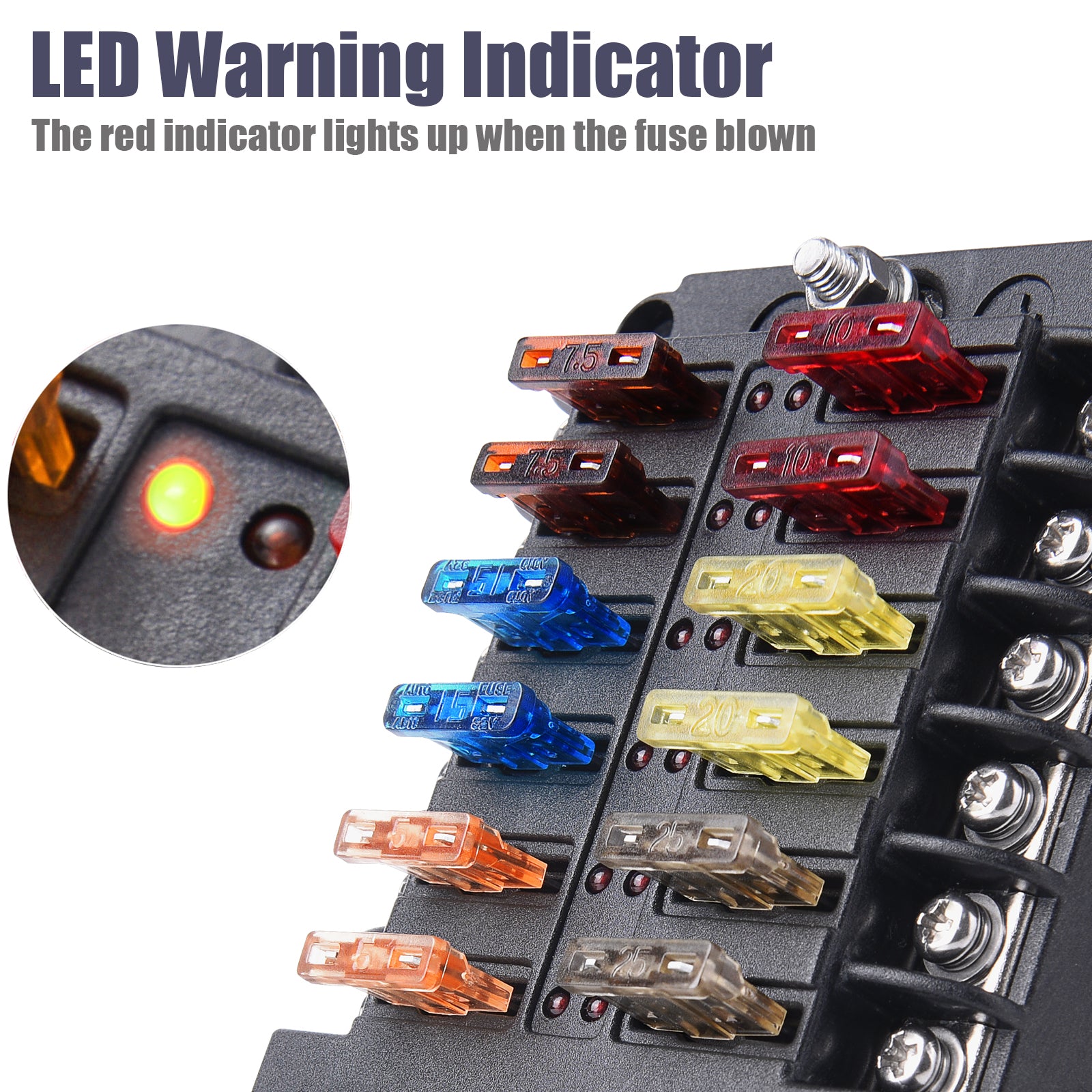 12-Way Fuse Block Holder - Blade Fuse Box Screw Nut Terminal LED Indicator, Sticker Labels