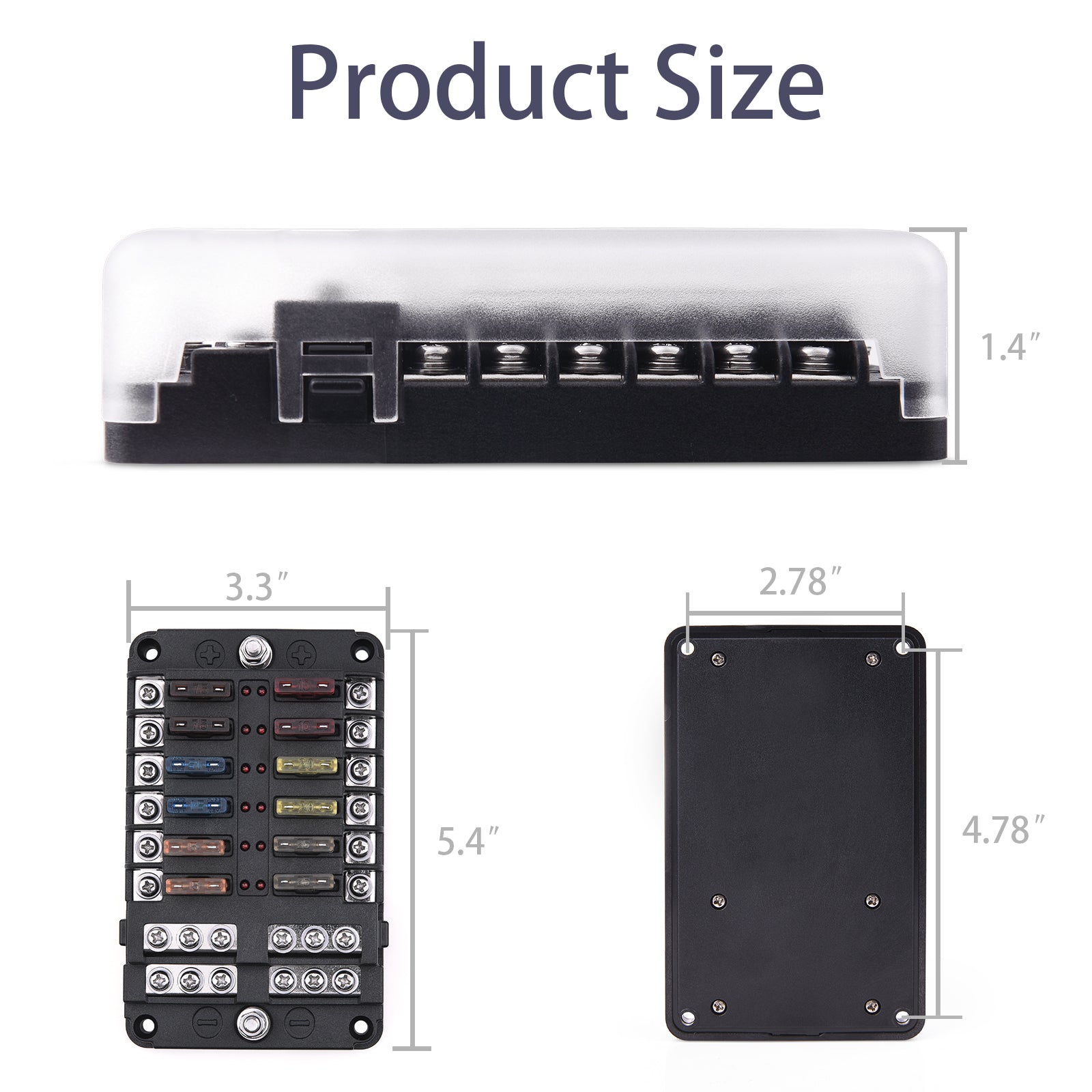 12-Way Fuse Block Holder - Blade Fuse Box Screw Nut Terminal LED Indicator, Sticker Labels
