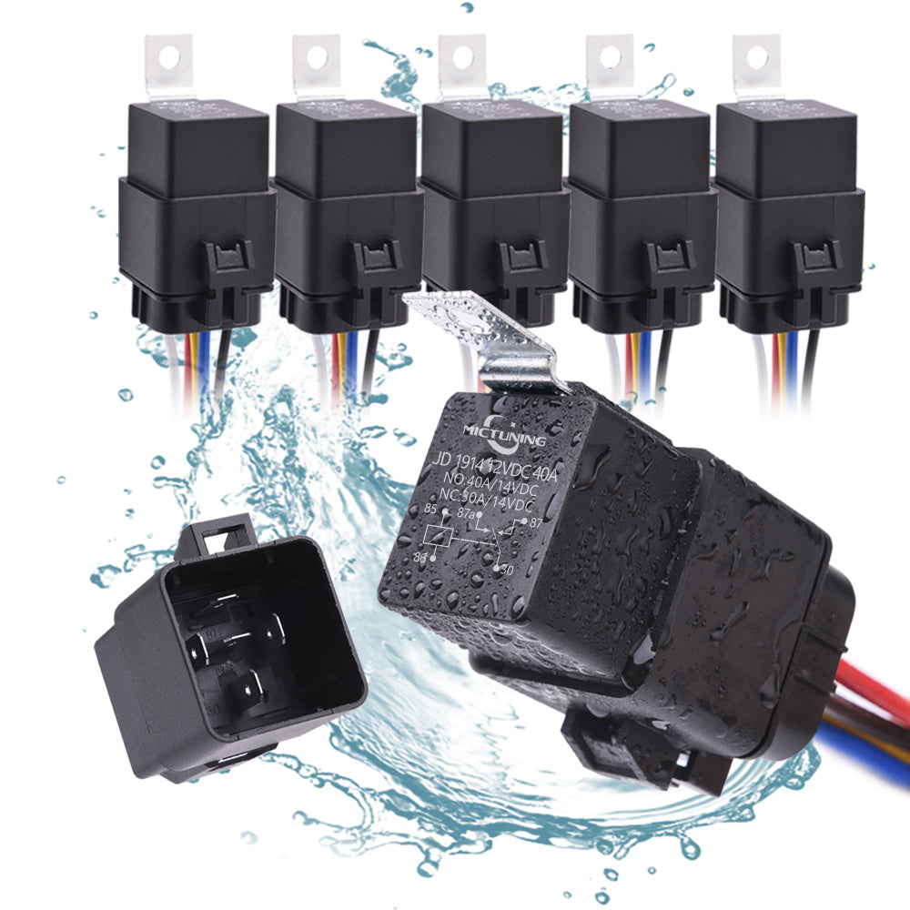 40/30 Amp Waterproof Relay Harness Set - 12V 5-PIN SPDT Automotive Relay with Heavy Duty 16AWG 14AWG Pre-wired Harness (5 pack)