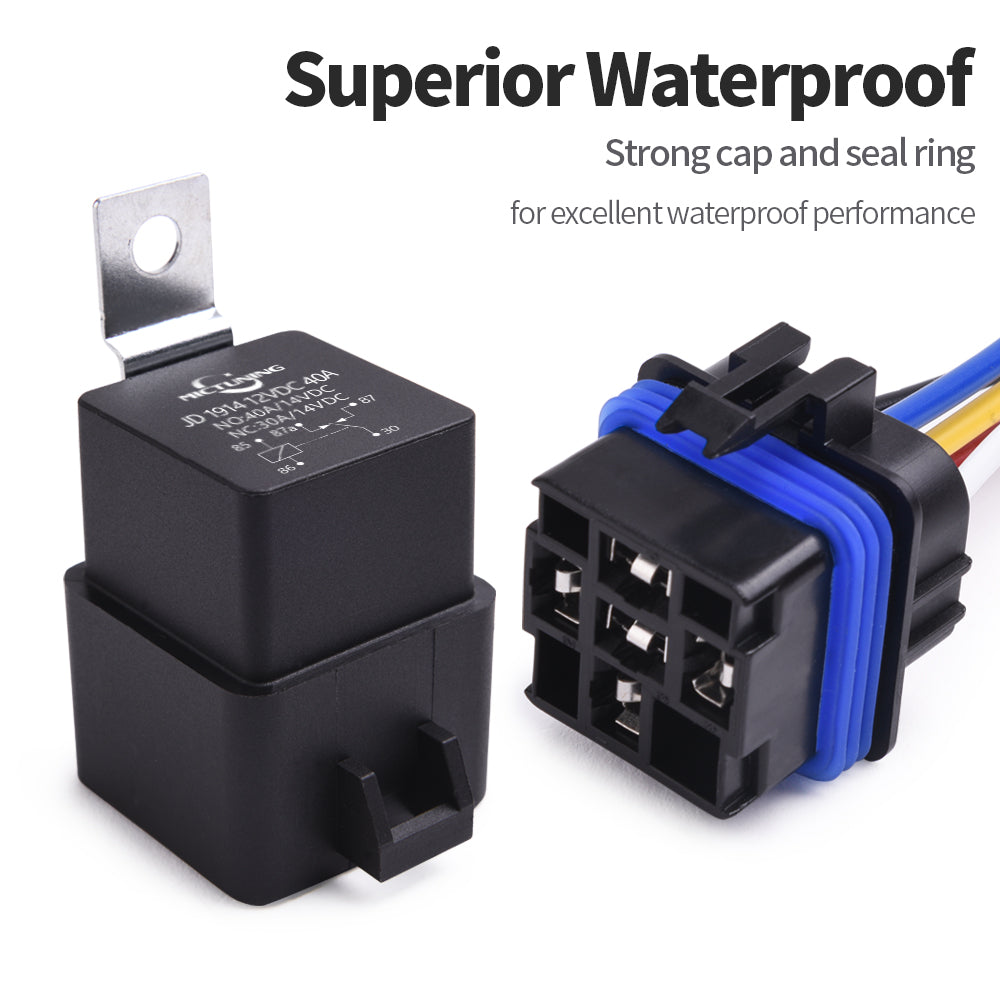 40/30 Amp Waterproof Relay Harness Set - 12V 5-PIN SPDT Automotive Relay with Heavy Duty 16AWG 14AWG Pre-wired Harness (5 pack)