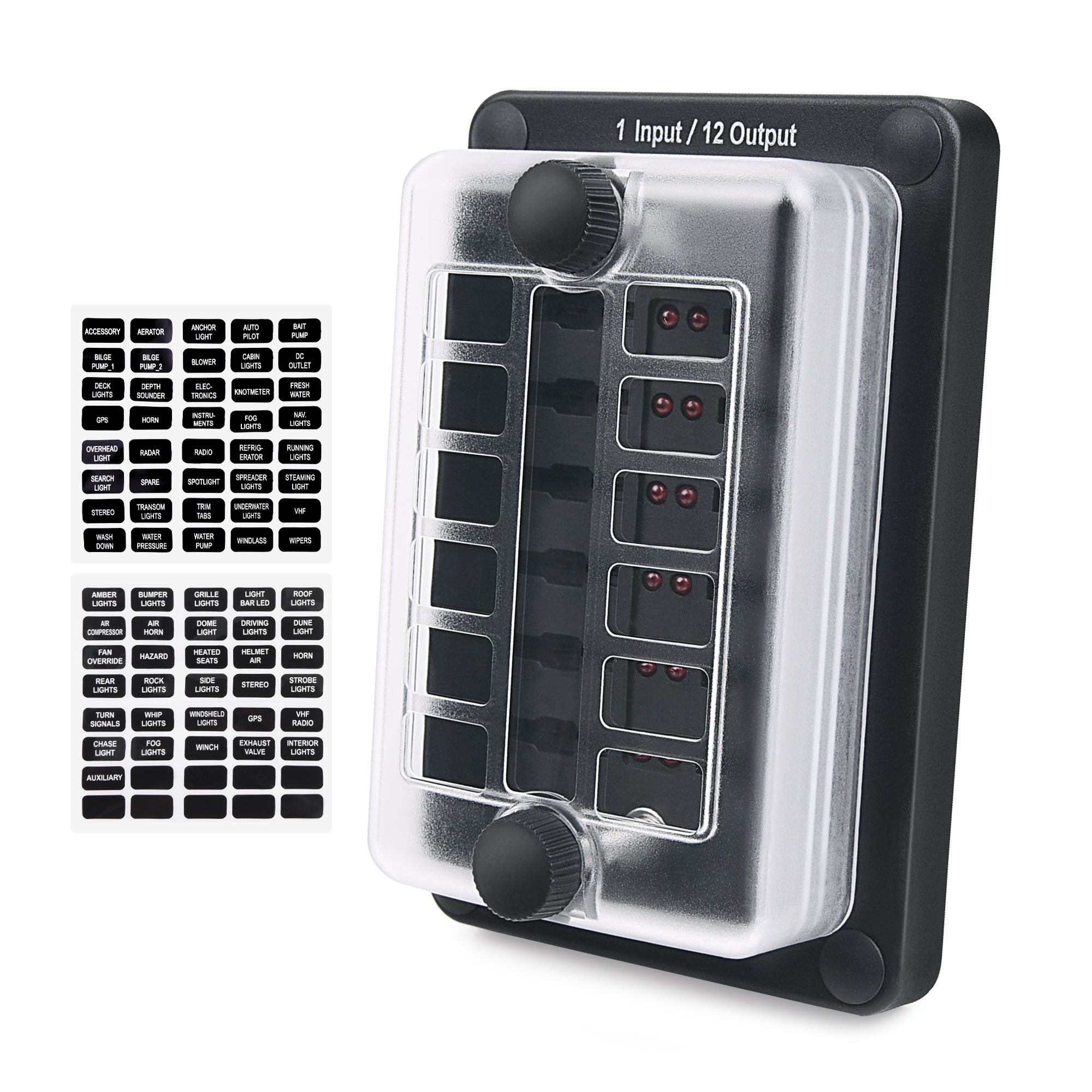 Fuse Block Holder 6/12 Circuit Blade Fuse Box with Waterproof Protection Cover Sticker Labels LED Indicator