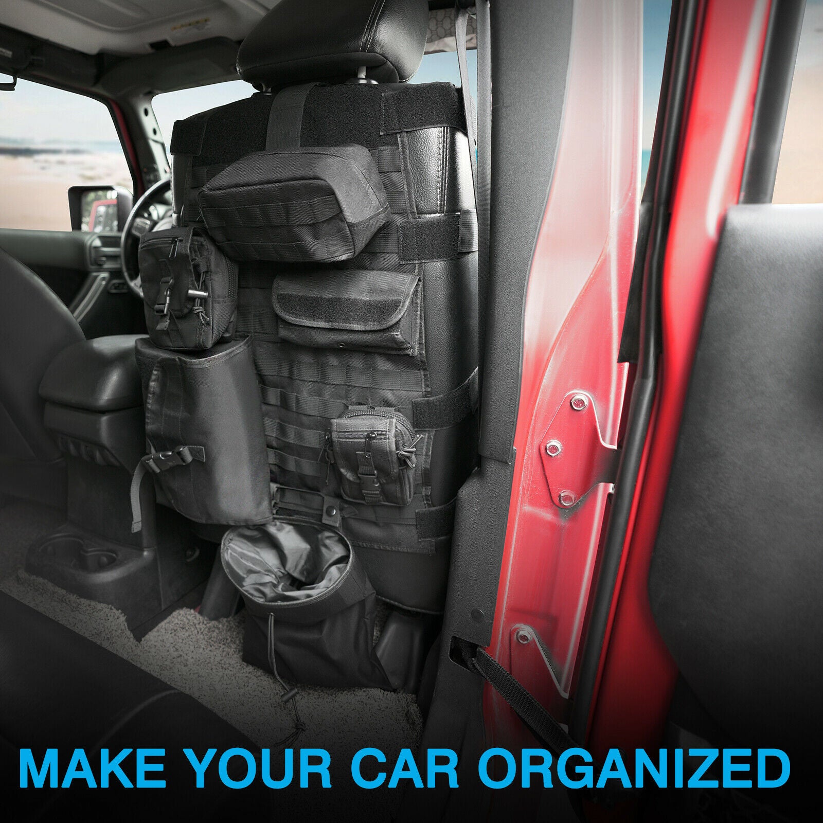 Universal Front Seat Cover Storage Bags - Muti-Compartments Holder Pockets Molle Pouches Stuff Organizer Compatible for Jep Wrangler JK JL