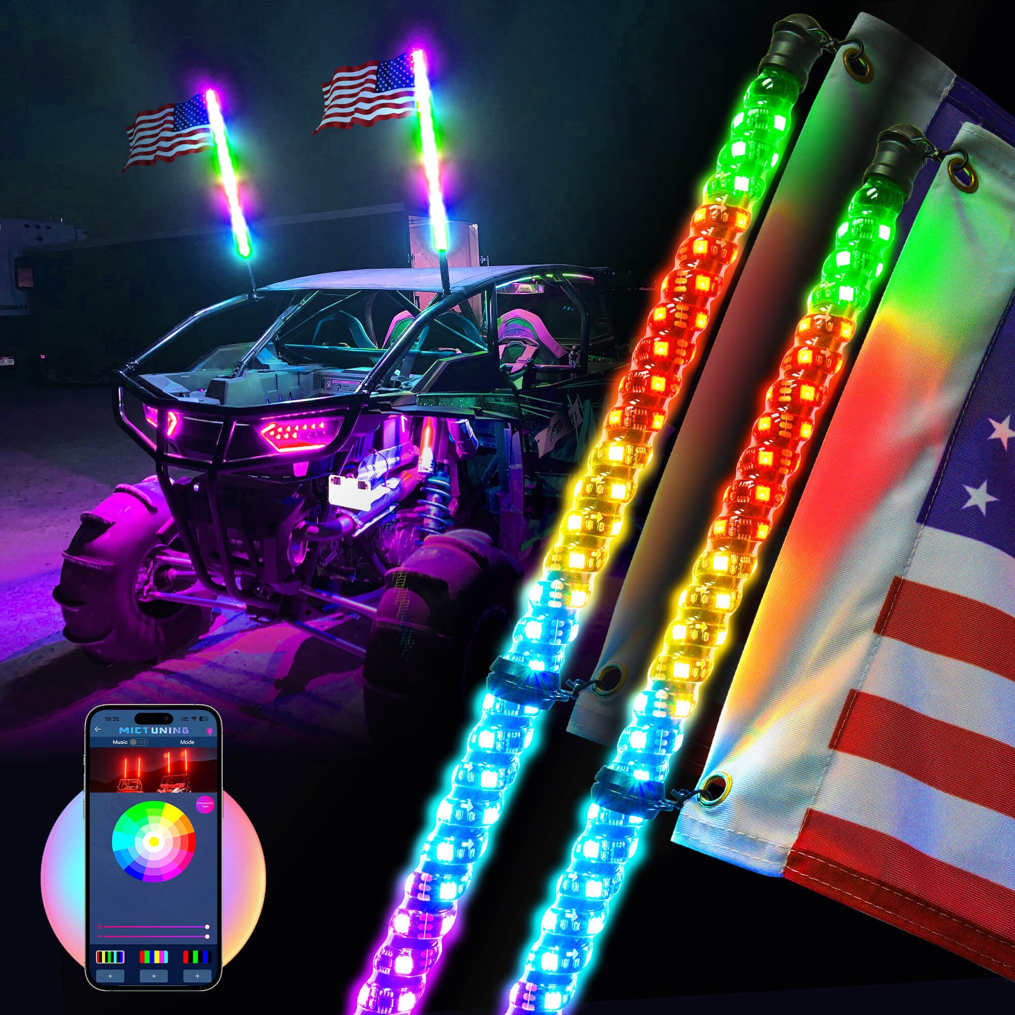 3FT/4FT LED Whip Lights Bundle with P1B RGB 5" 8/12 Gang Switch Panel