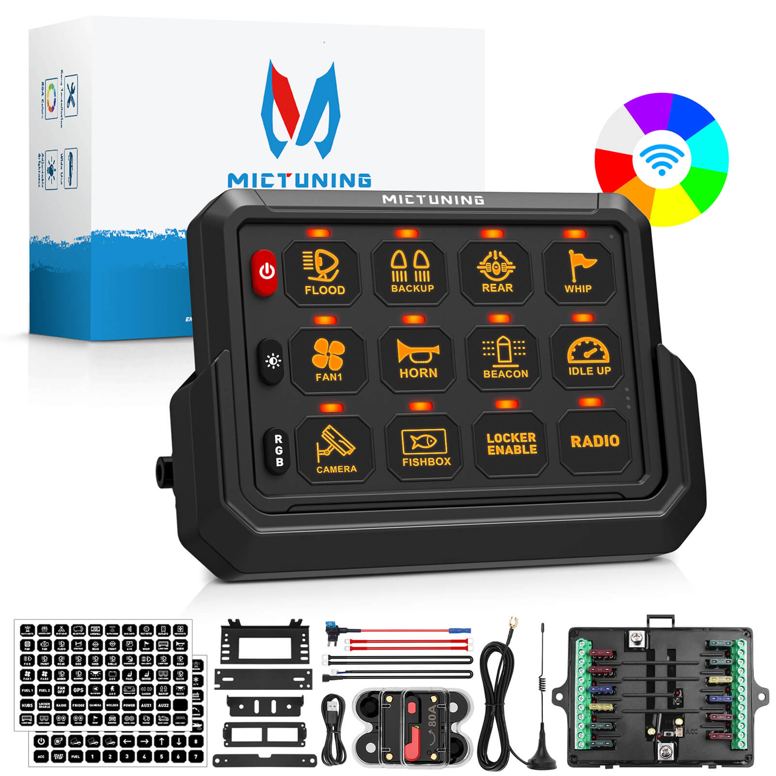 Wireless RGB Switch Panel P1s-AC Bundle with W1 Spiral LED Whip Lights