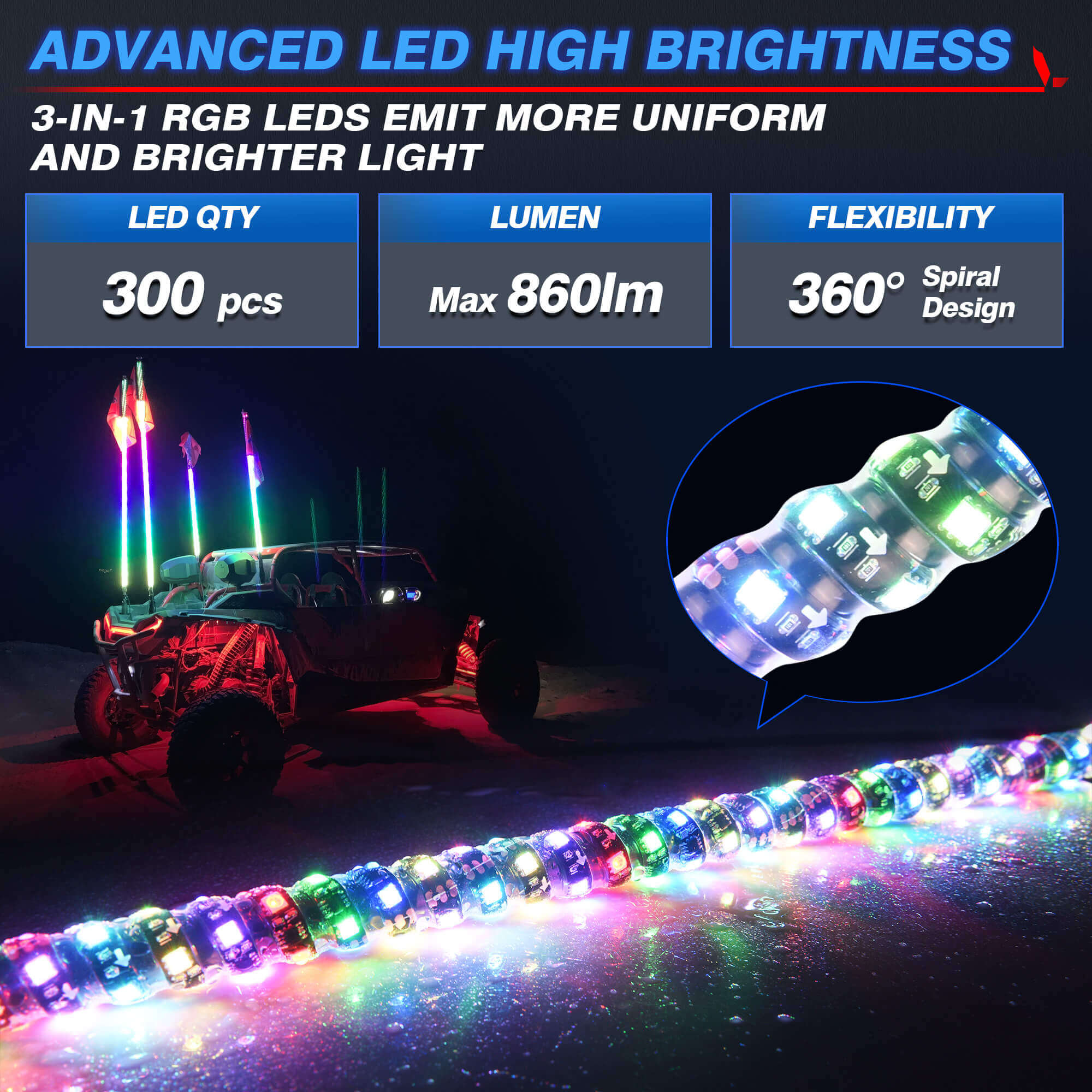 3FT/4FT LED Whip Lights 2pcs - Spiral Bendable RGB Chasing Color Antenna Whips - Bluetooth App Control