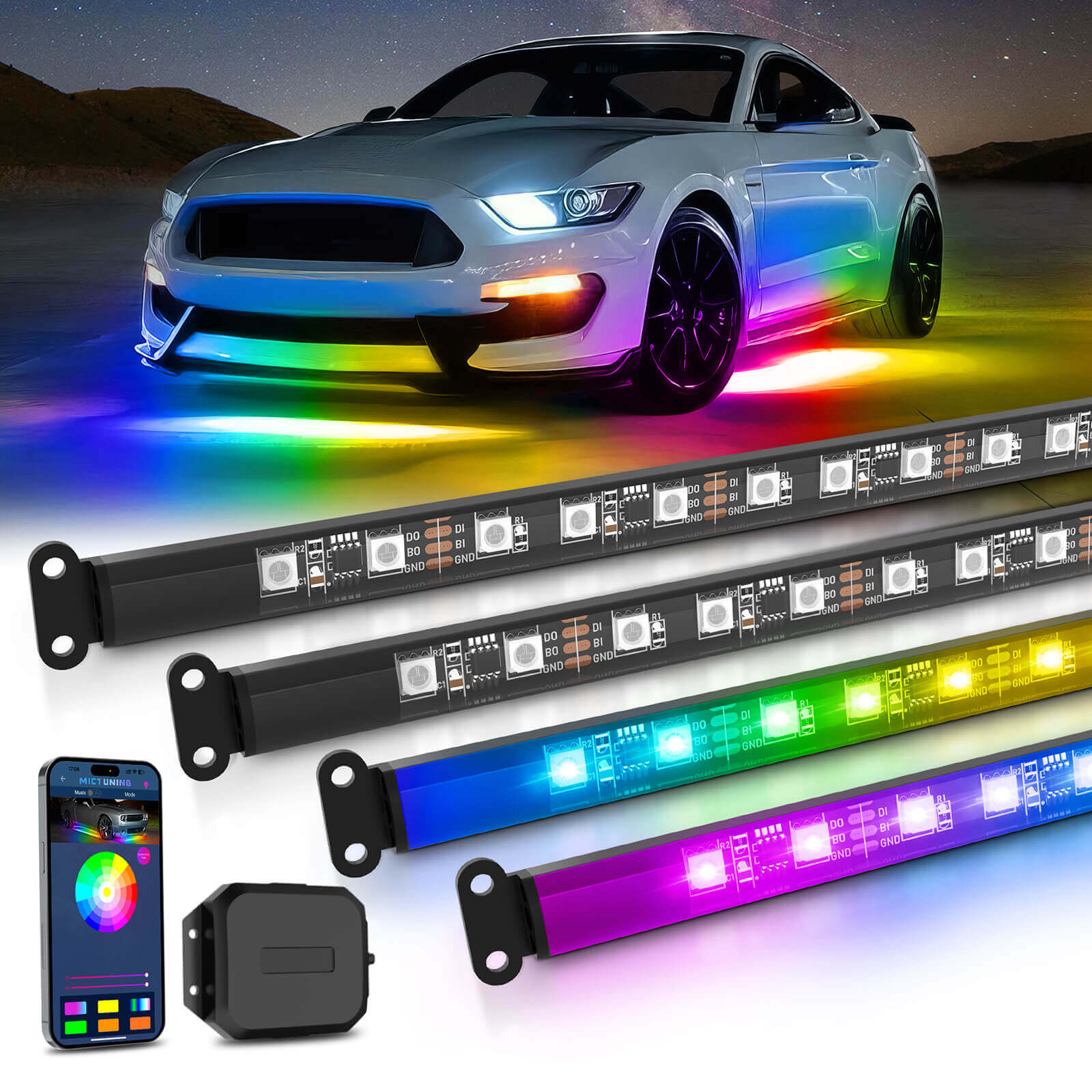 N3 Car Underglow Light Strip Kit, Chasing Dream Color RGB+IC LED, Wireless App Control, Set of 4 (2.9ft and 3.9ft)