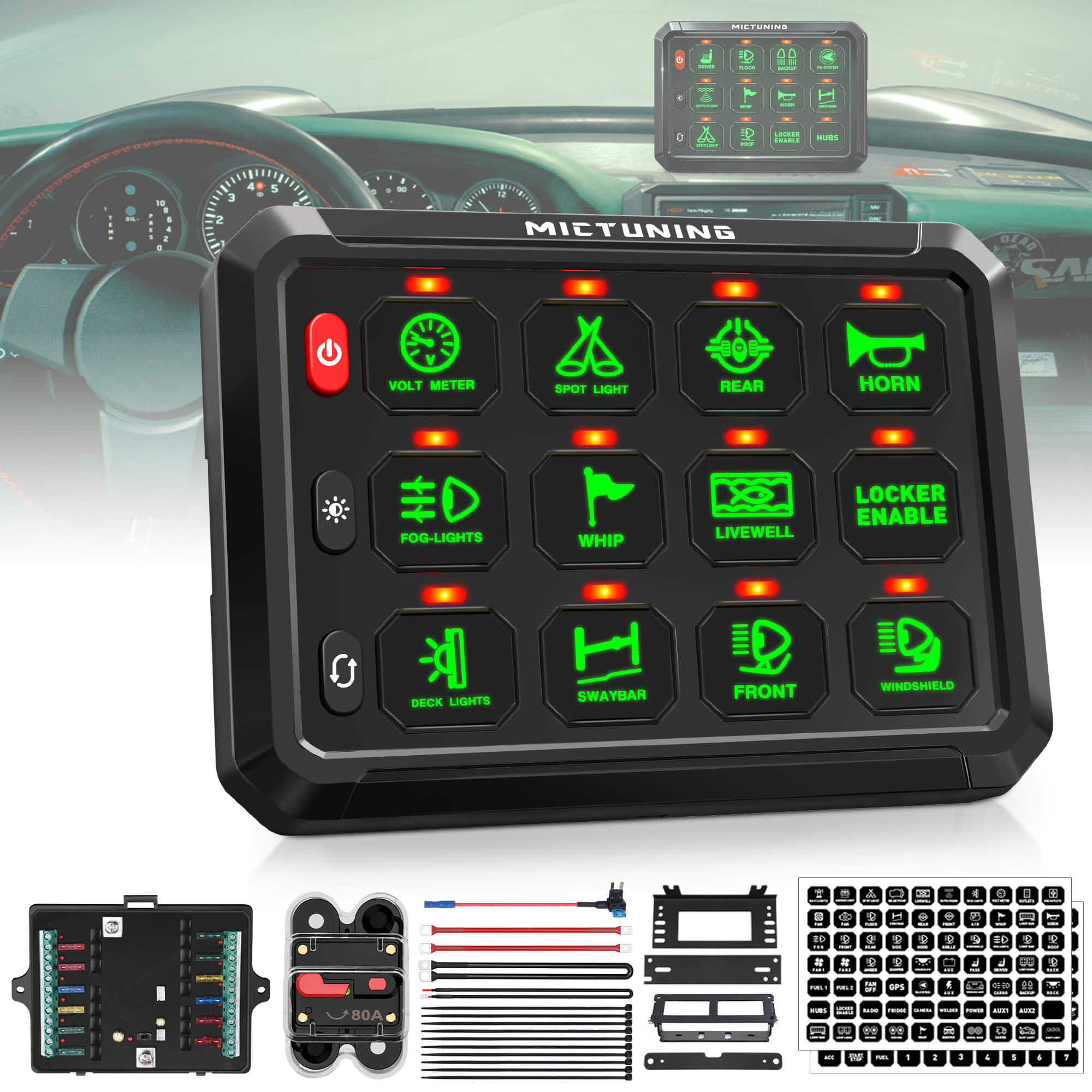 P1S Green 8/12 Gang Switch Panel 5″ Multifunction Toggle Momentary Pulsed Circuit Control Box Switch Panel
