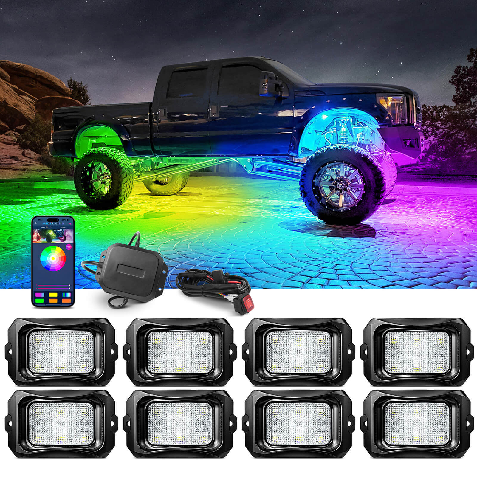 C2 Max RGB+IC Chasing Color Rock Lights Kit, 2-24 Pods, IP68 Waterproof, Black Housing