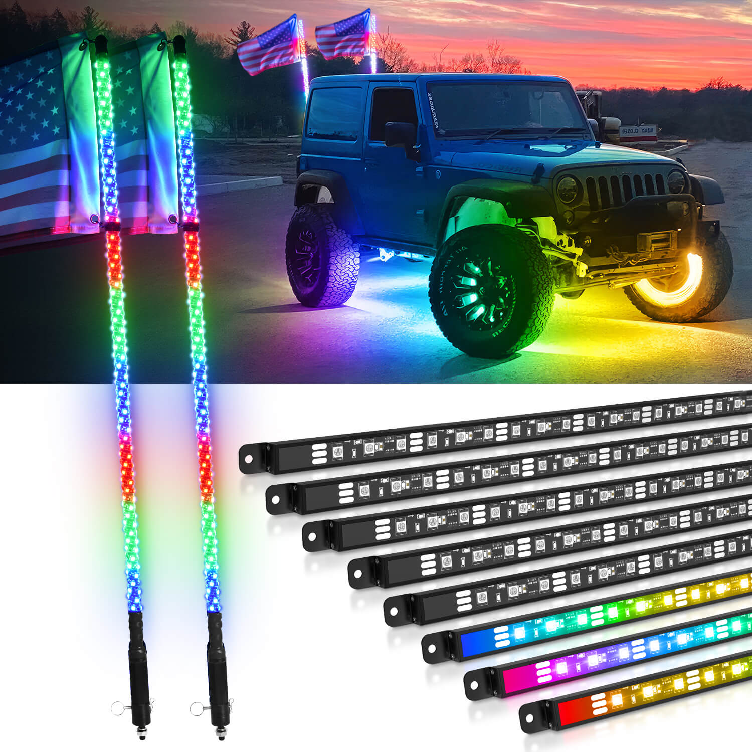 N8 RGB+IC LED Car Underglow Light Kit Bundle with W1 LED Whip Lights Kit