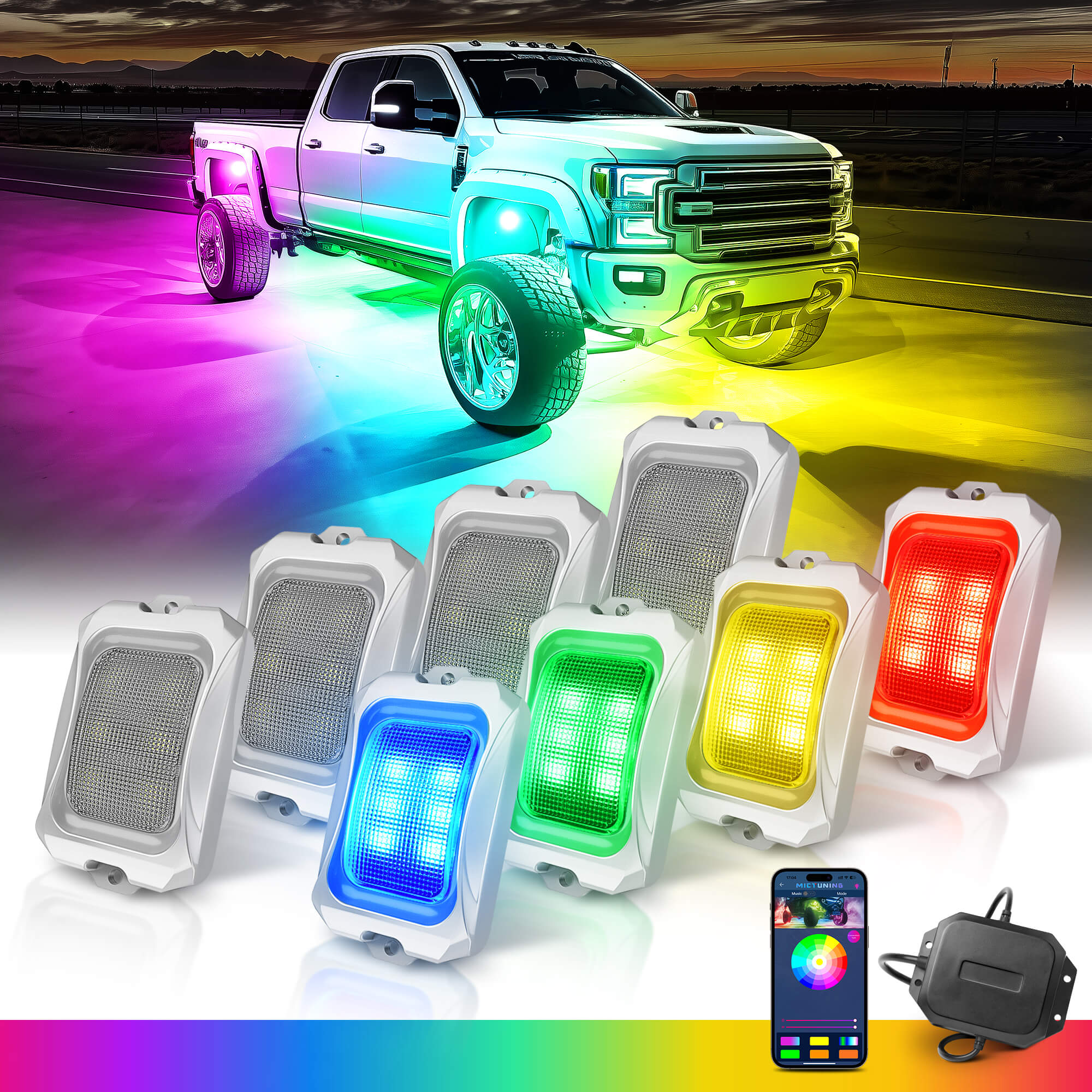 C2 Max RGB+IC Chasing Color Rock Lights Kit, 8/16 Pods, IP68 Waterproof, White Housing