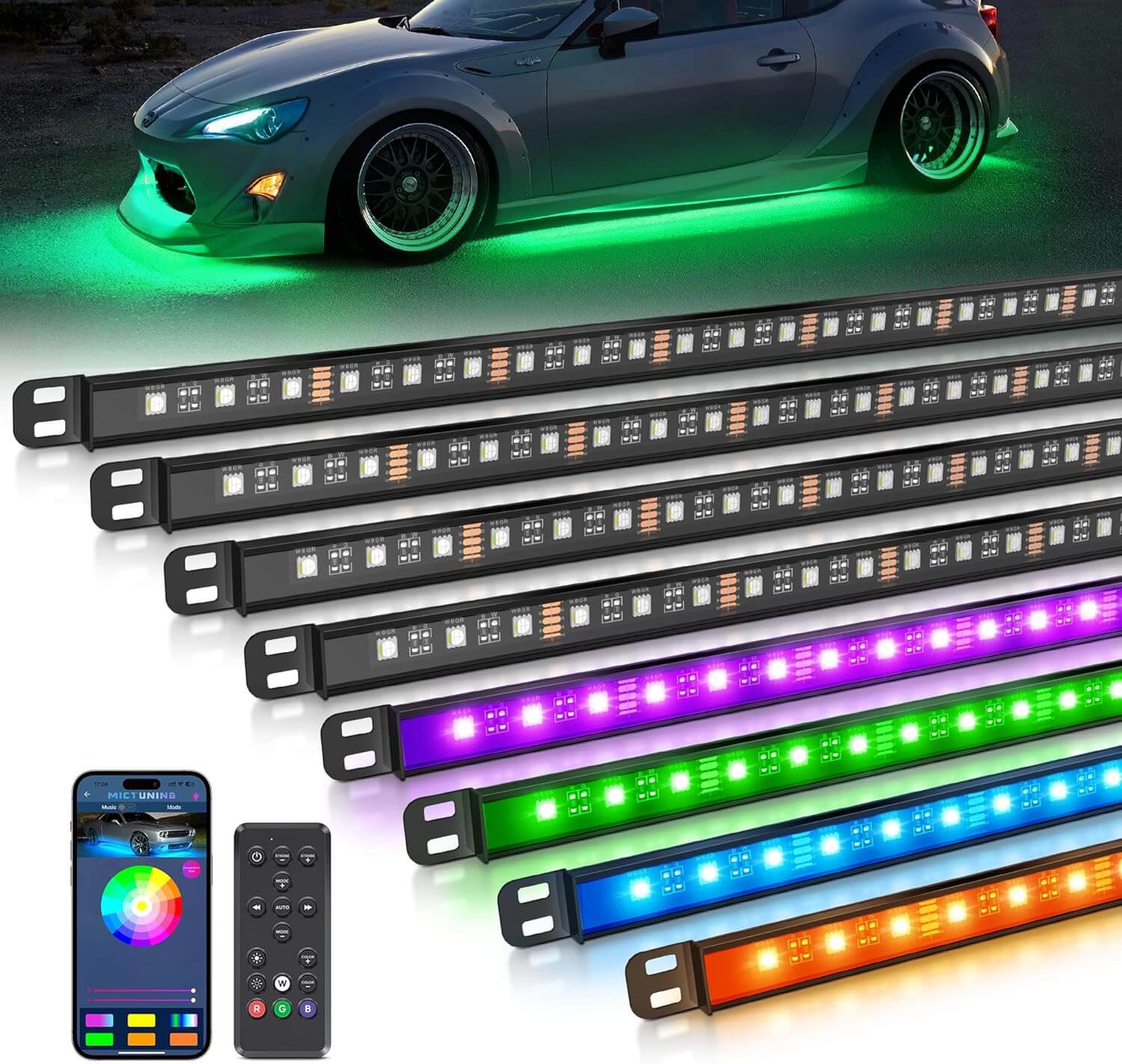 N8 Aluminum LED Car Underglow Light Kit, Exterior Underbody Multicolor Light Strip 8PCS（RGBW/RGB+IC）