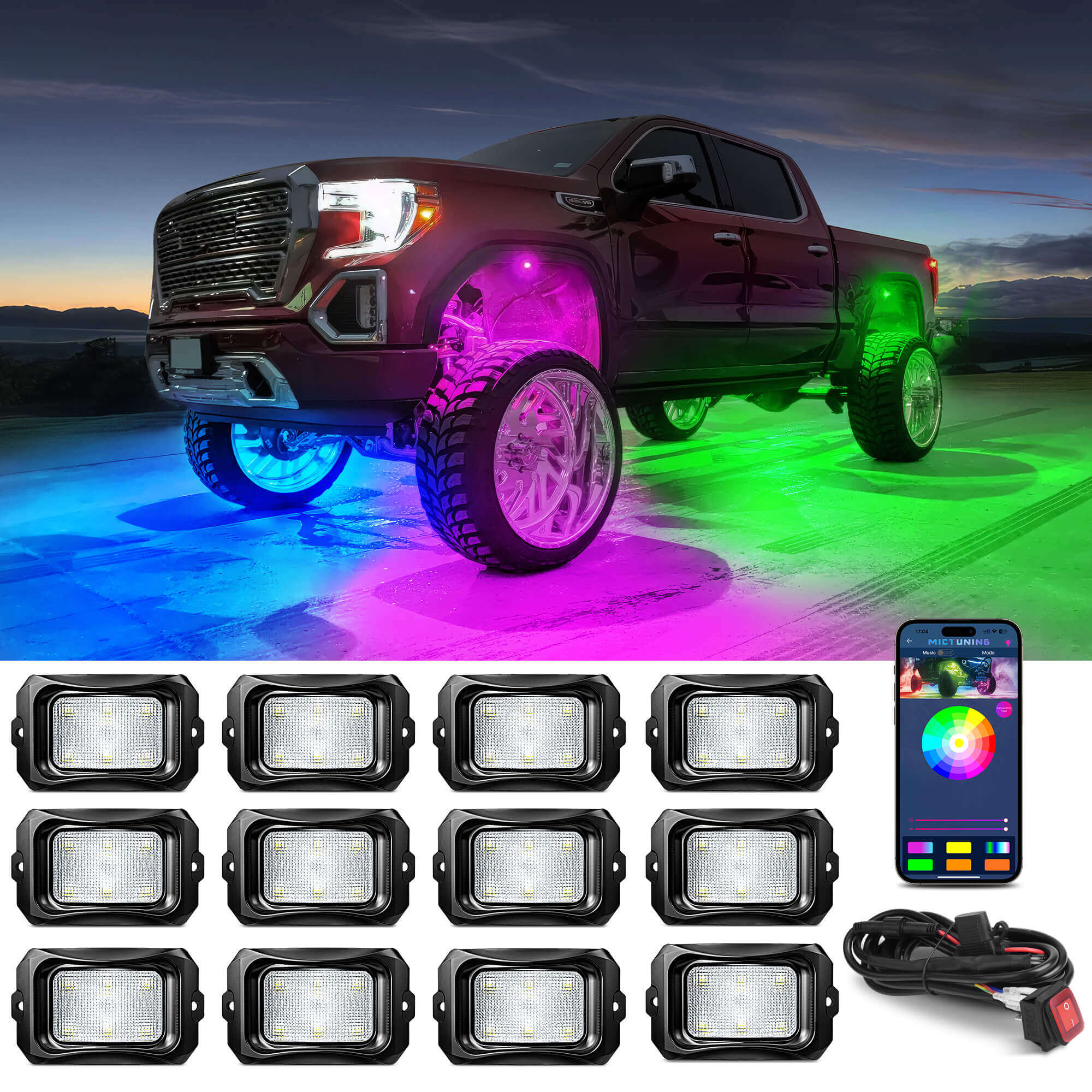 C2 Max RGB+IC Chasing Color Rock Lights Kit, 2-24 Pods, IP68 Waterproof, Black Housing