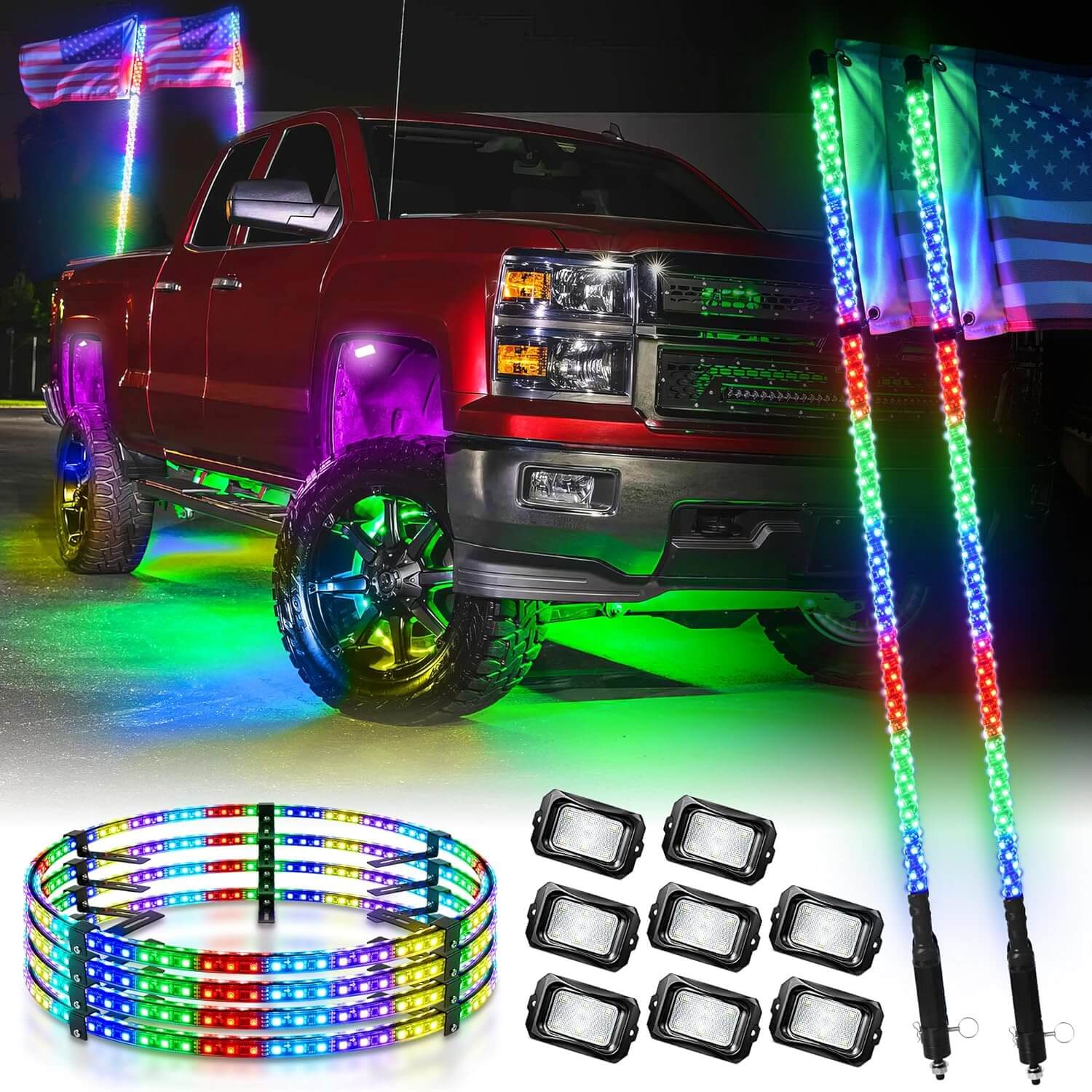 Three-Piece RGB+IC Collection, C2 RGB+IC Rock Lights 8 Pods, 4ft W1 Whip Lights Kit with 15.5″ Chasing Color Wheel Ring Lights