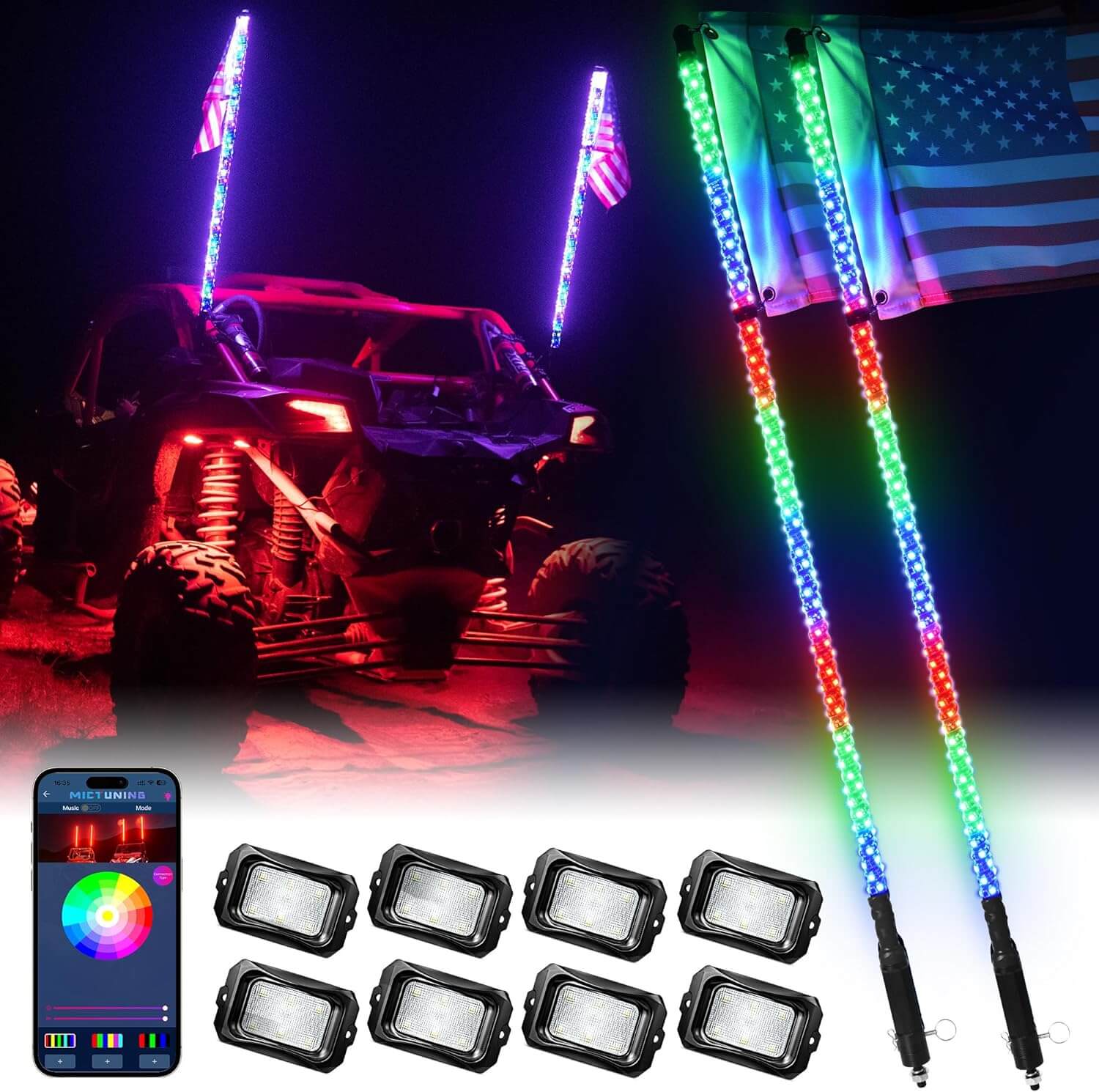 C2 RGB+IC Chasing Color LED Rock Lights Kit Bundle W1 Spiral LED Whip Lights Kit