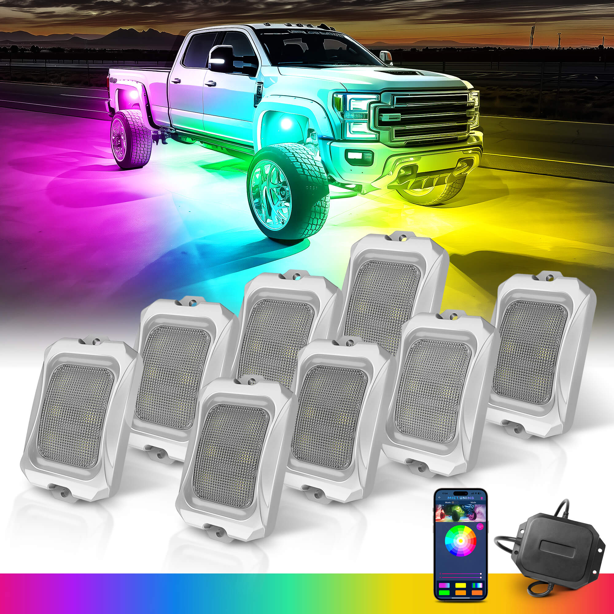 C2 Max RGB+IC Chasing Color Rock Lights Kit, 8/16 Pods, IP68 Waterproof, White Housing