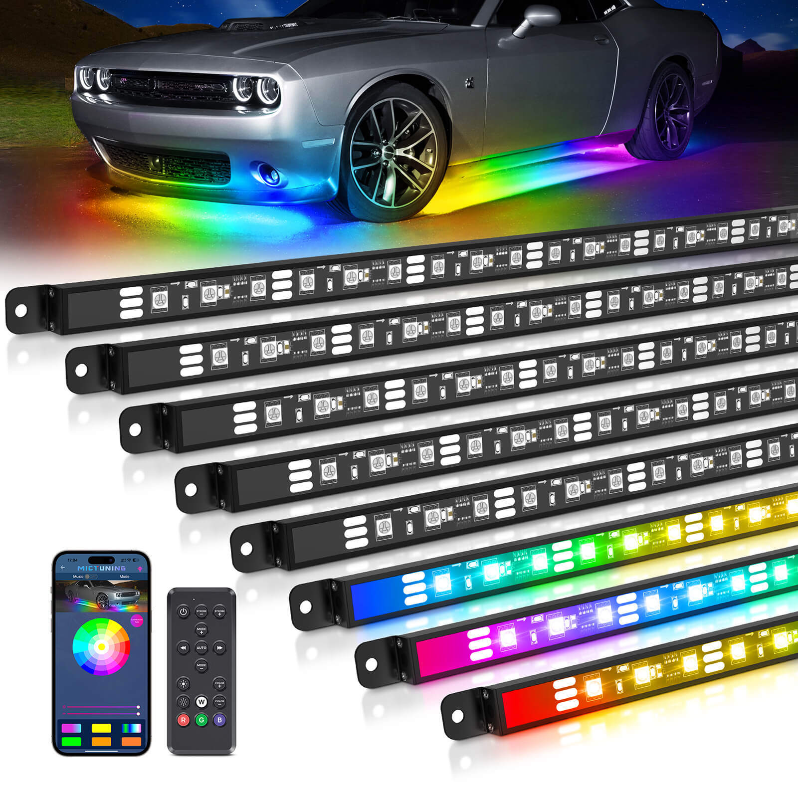 N8 RGB+IC LED Car Underglow Light Kit Bundle with W1 LED Whip Lights Kit