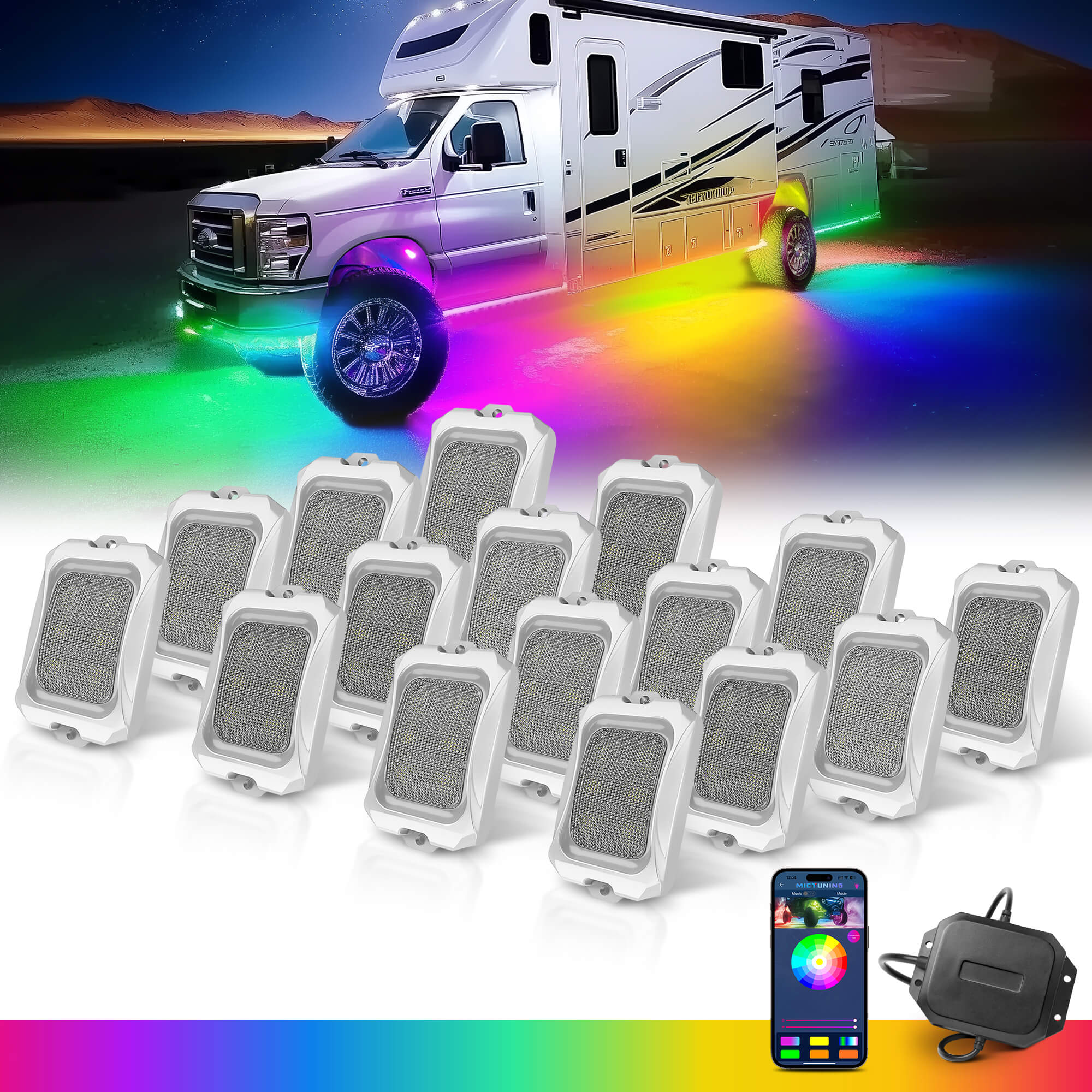 C2 Max RGB+IC Chasing Color Rock Lights Kit, 8/16 Pods, IP68 Waterproof, White Housing